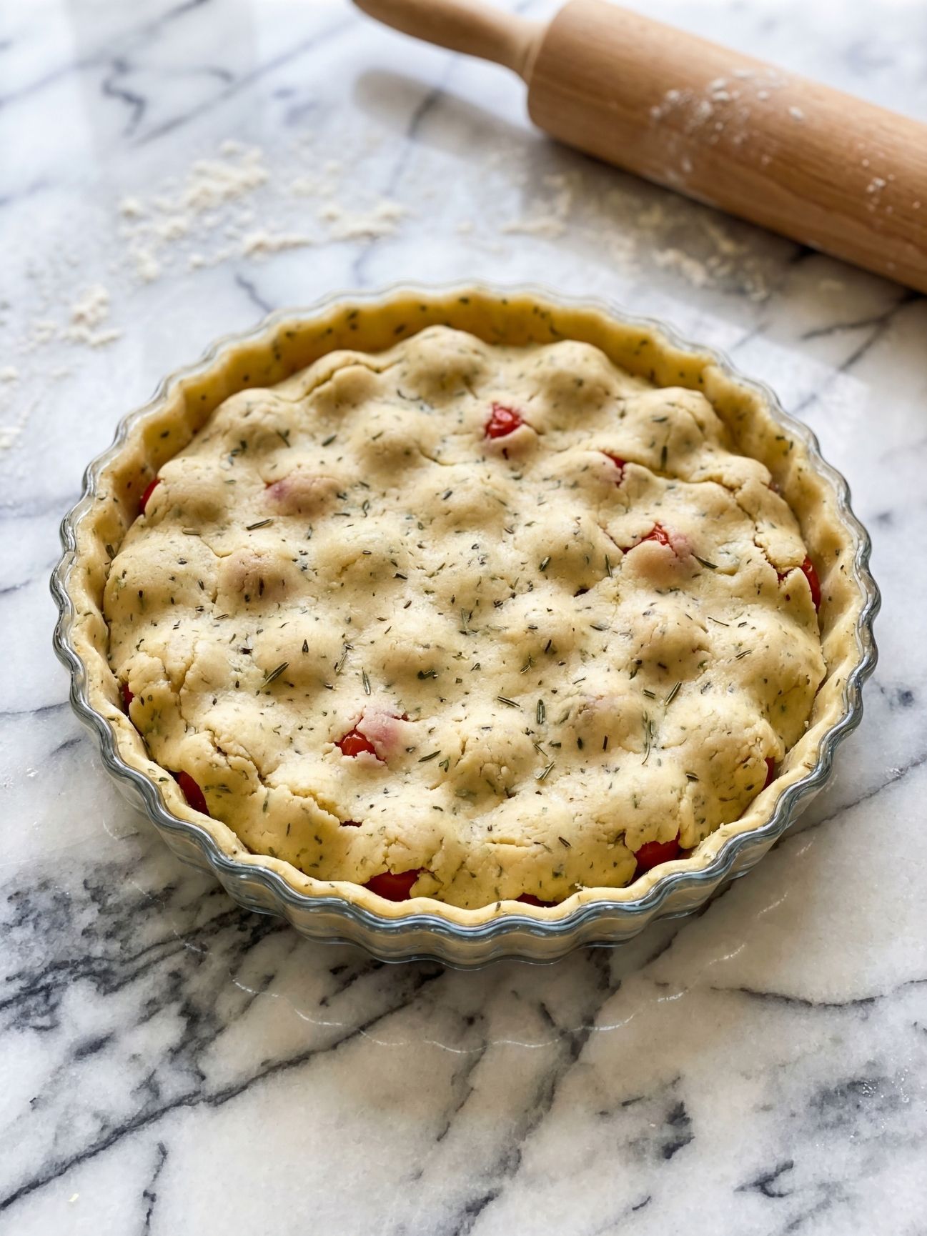 Pâte brisée recouvrant les tomates cerises avant la cuisson au four