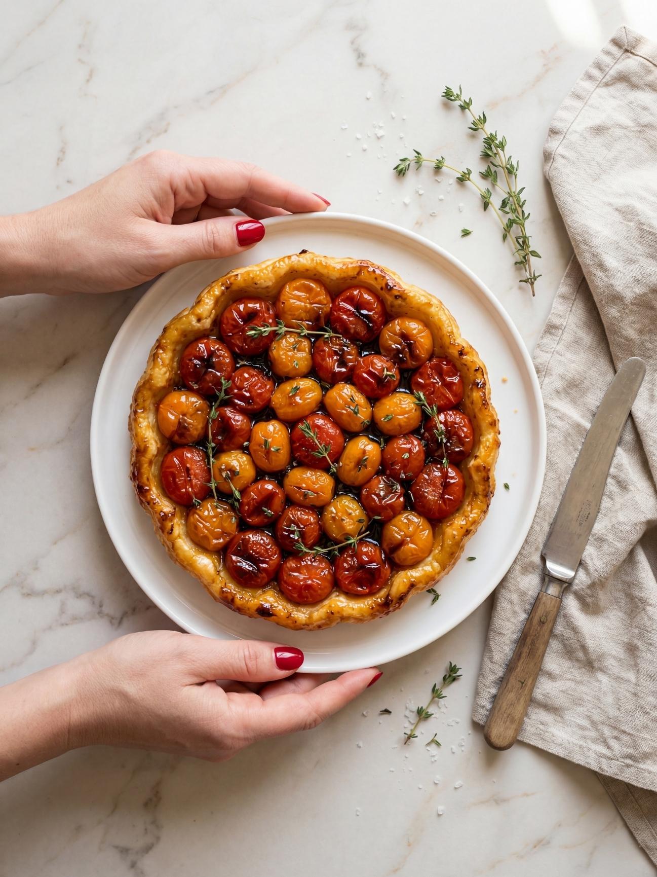 Tarte tatin aux tomates cerises caramélisées tout juste démoulée