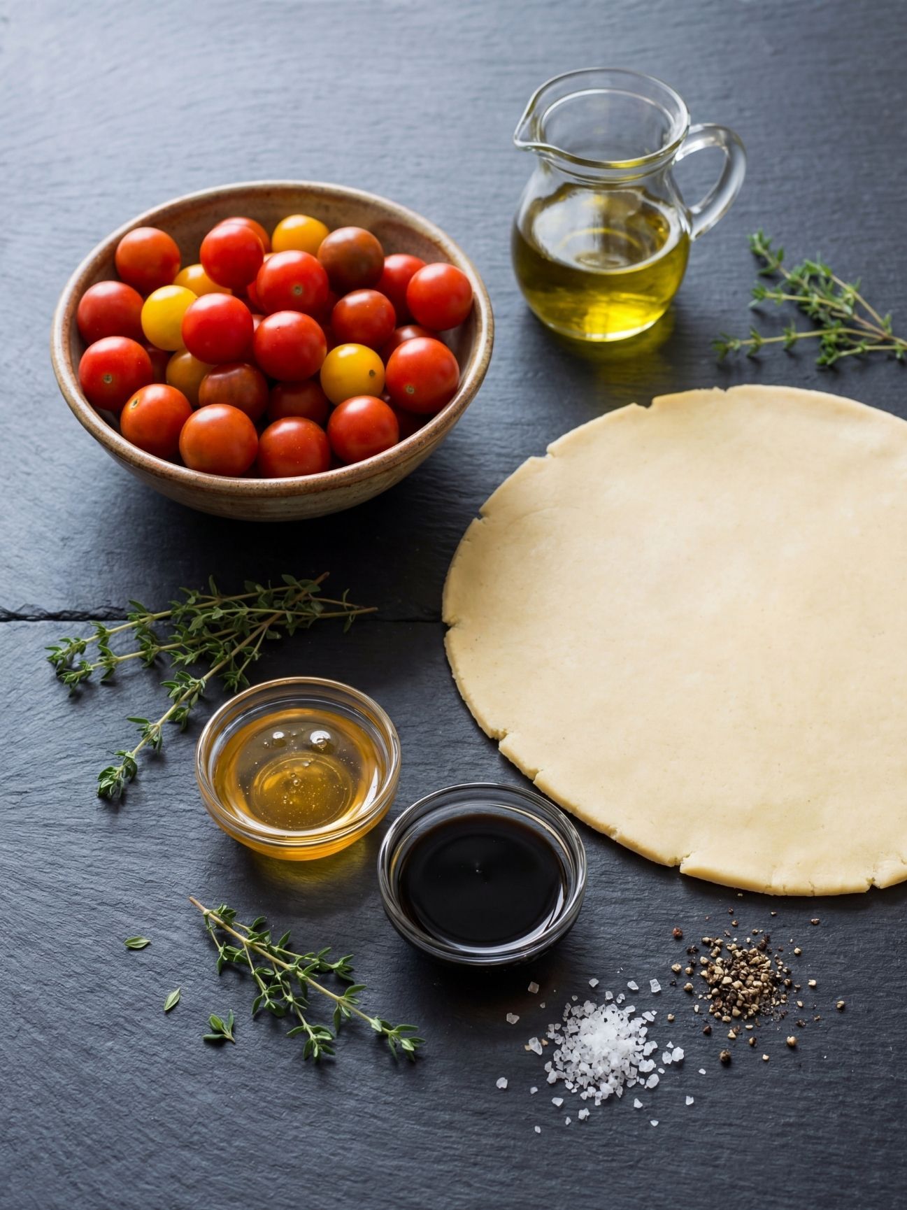 Ingrédients tarte tatin tomate : tomates cerises, pâte, miel et balsamique