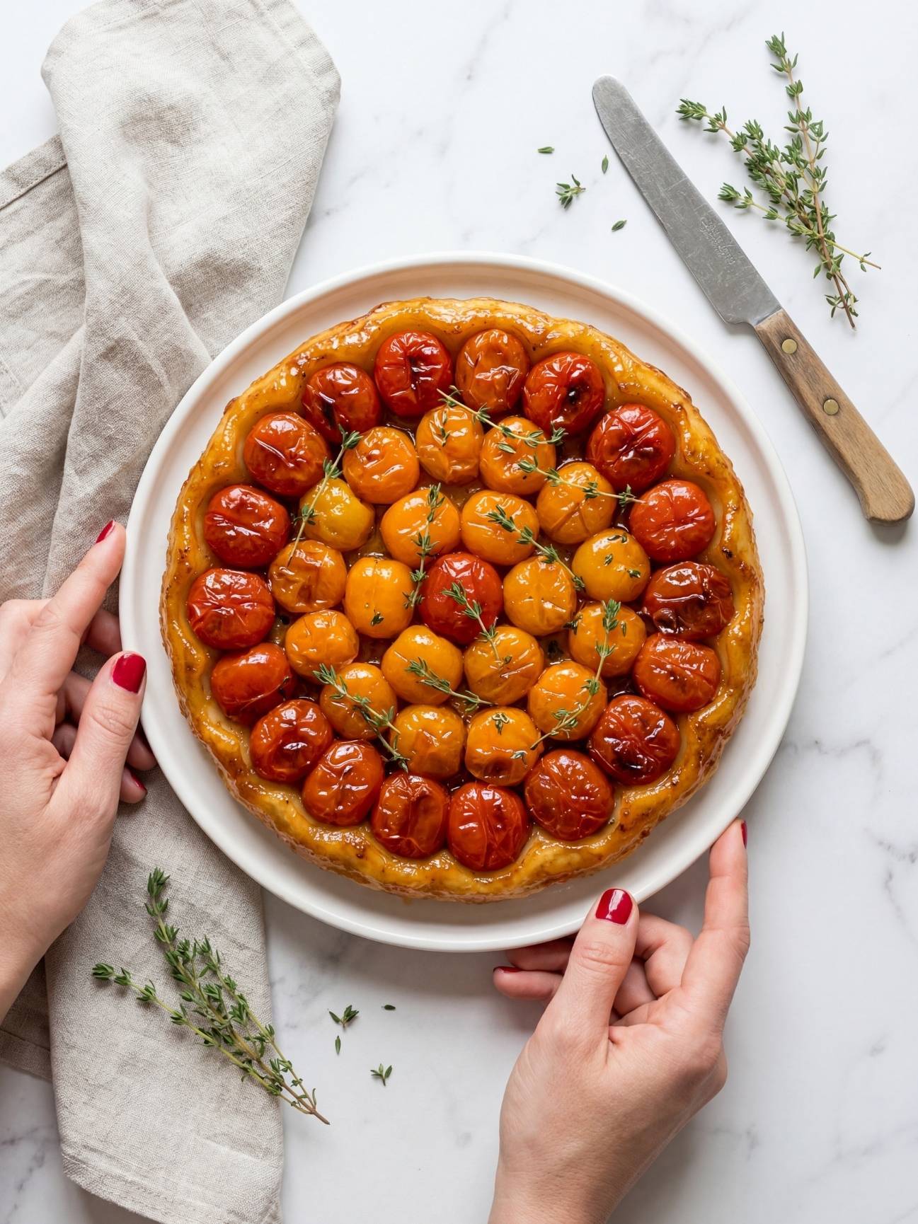 Tarte tatin à la tomate caramélisée présentée avec du thym frais