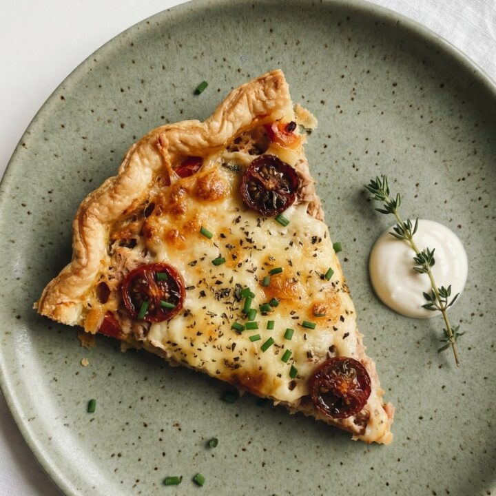 Recette facile de tarte au thon et à la tomate dorée et découpée en parts