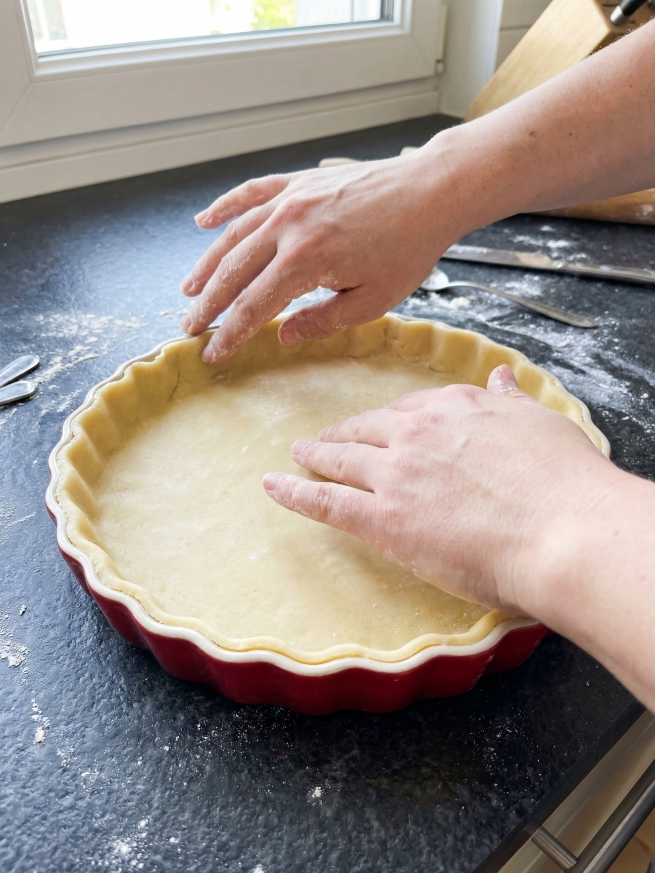 Mise en place de la pâte brisée dans un moule pour tarte au thon