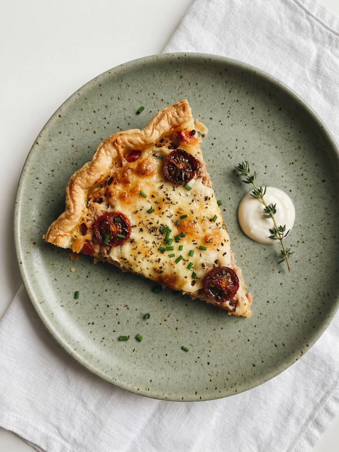 Part de tarte au thon et à la tomate servie sur une assiette