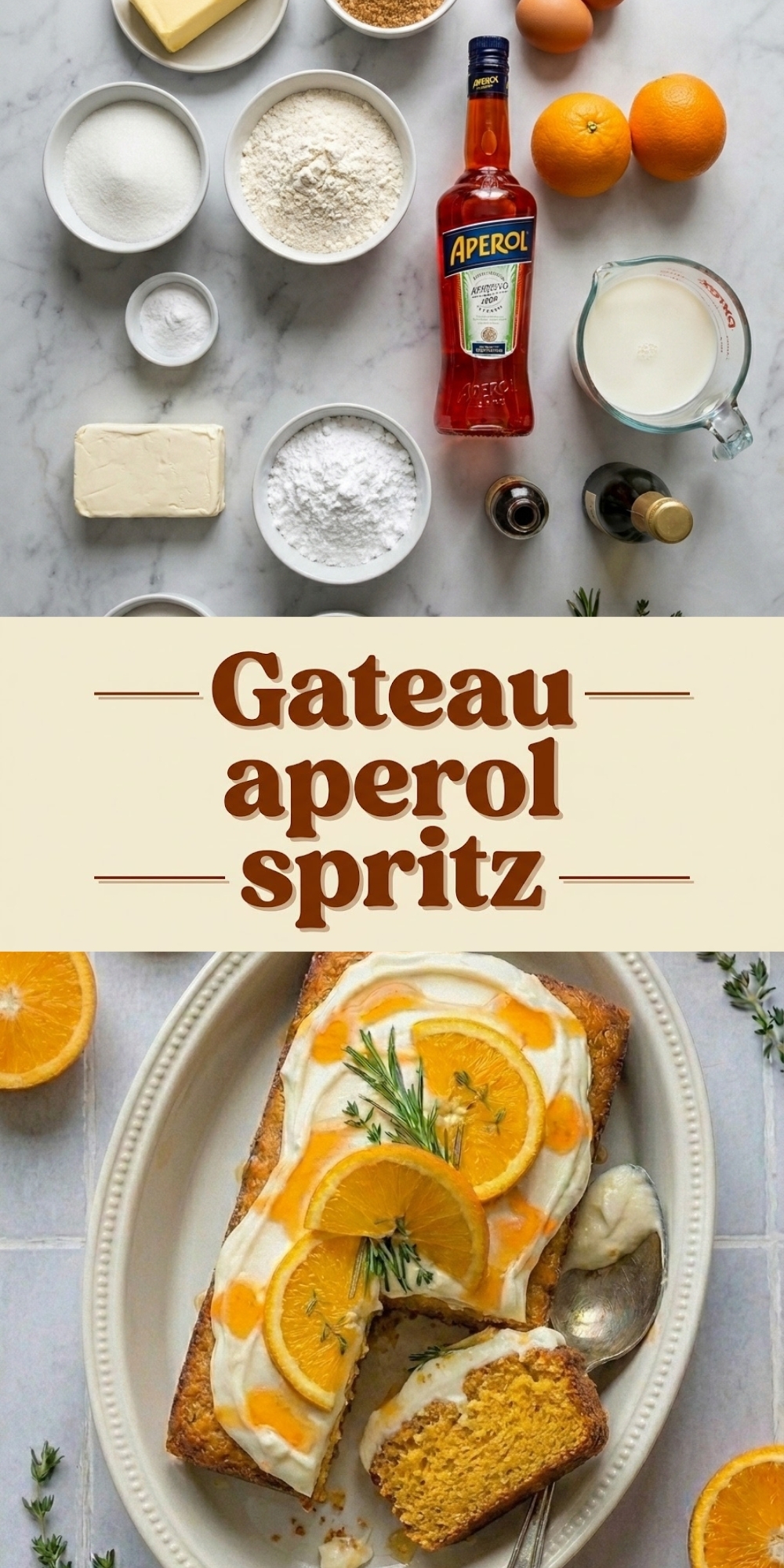 Graphique Pinterest avec texte Gateau aperol spritz montrant les ingrédients et le cake fini.