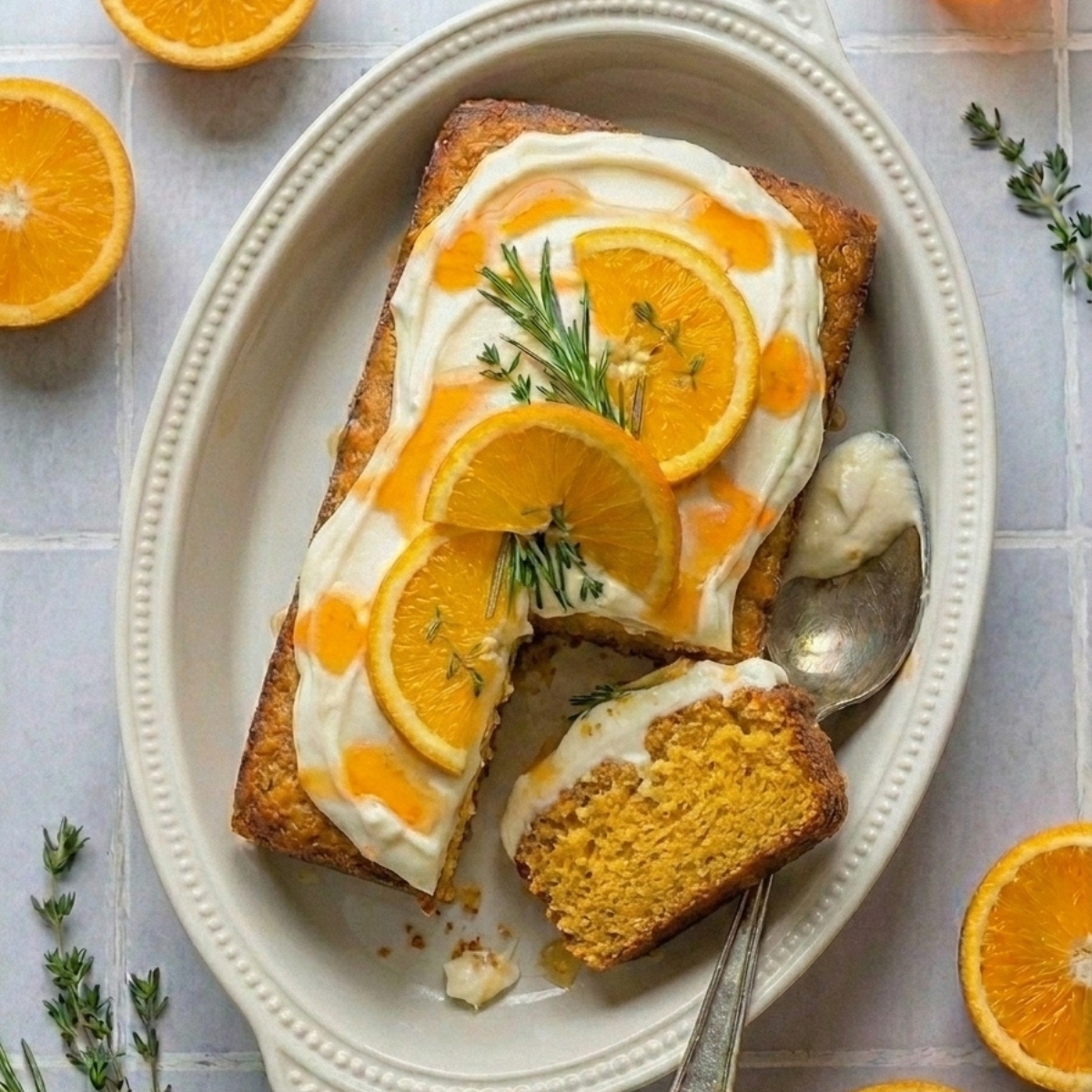 Une part coupée du moelleux gateau aperol spritz servie sur un plat avec cuillère en argent.