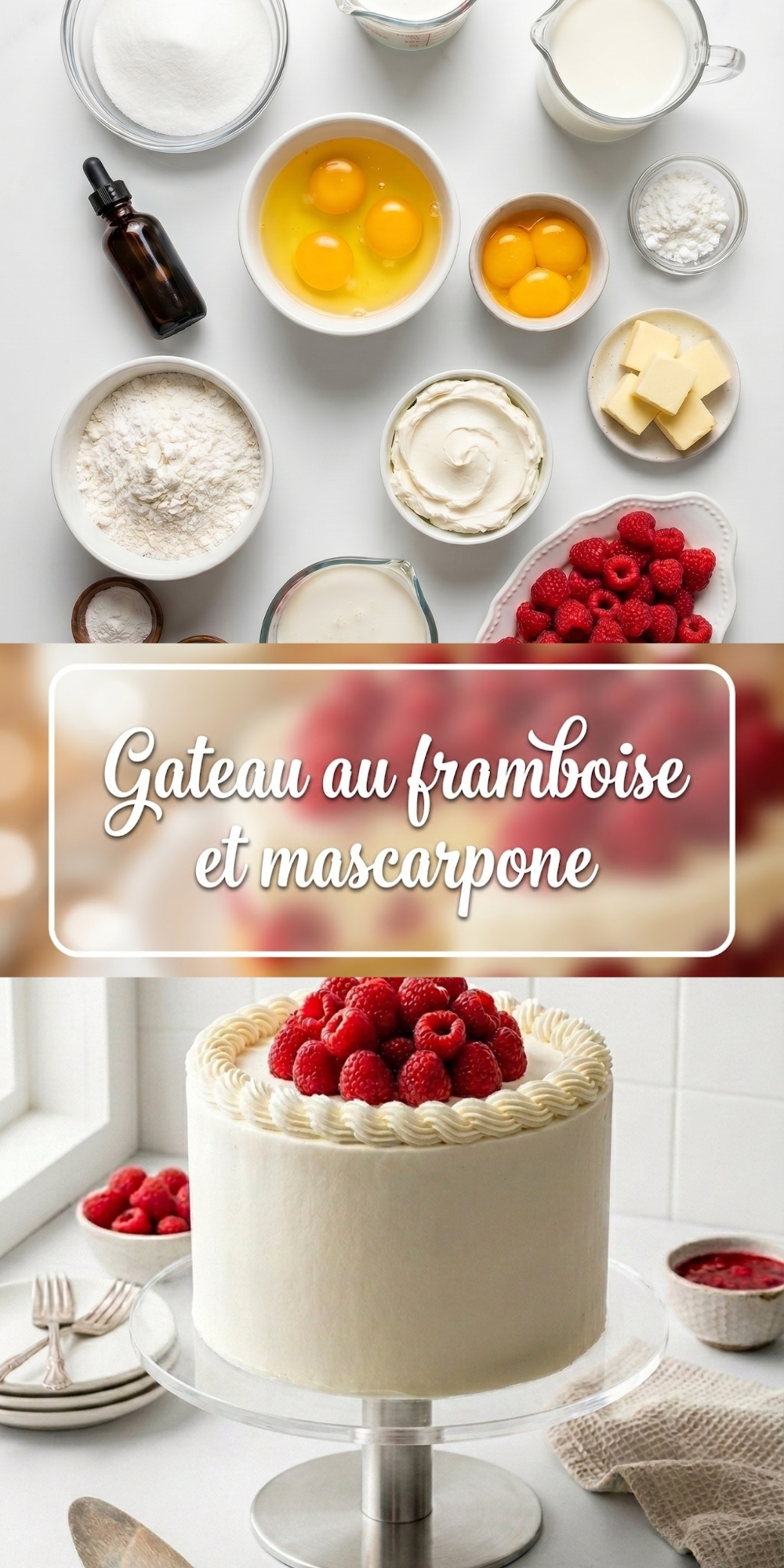 Montage photo avec ingrédients et étapes du gâteau au framboise et mascarpone.
