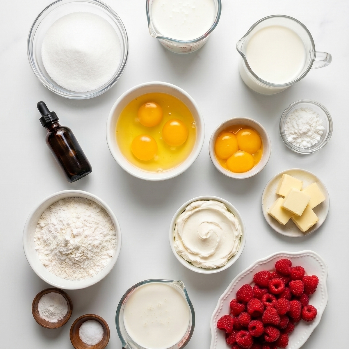 Ingrédients à plat sur fond blanc pour réaliser le gâteau au framboise et mascarpone.