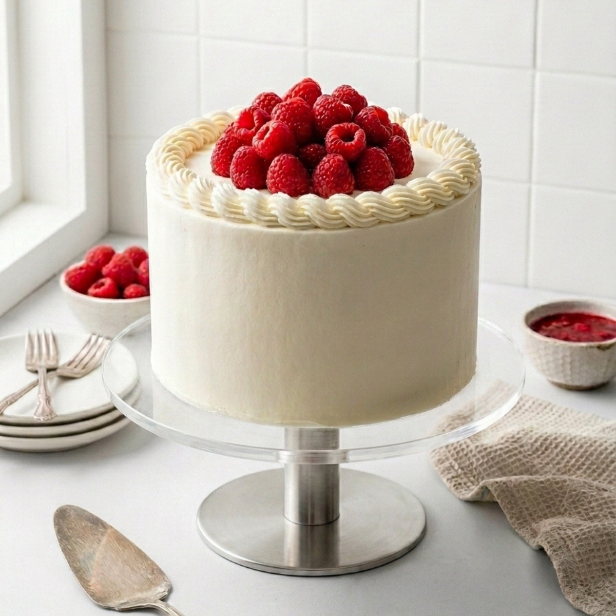 Un gâteau au framboise et mascarpone blanc avec des framboises fraîches sur le dessus.
