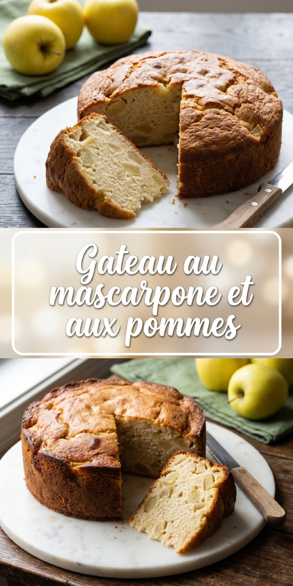 Infographie montrant le gateau au mascarpone et aux pommes avec étapes de préparation et résultat.
