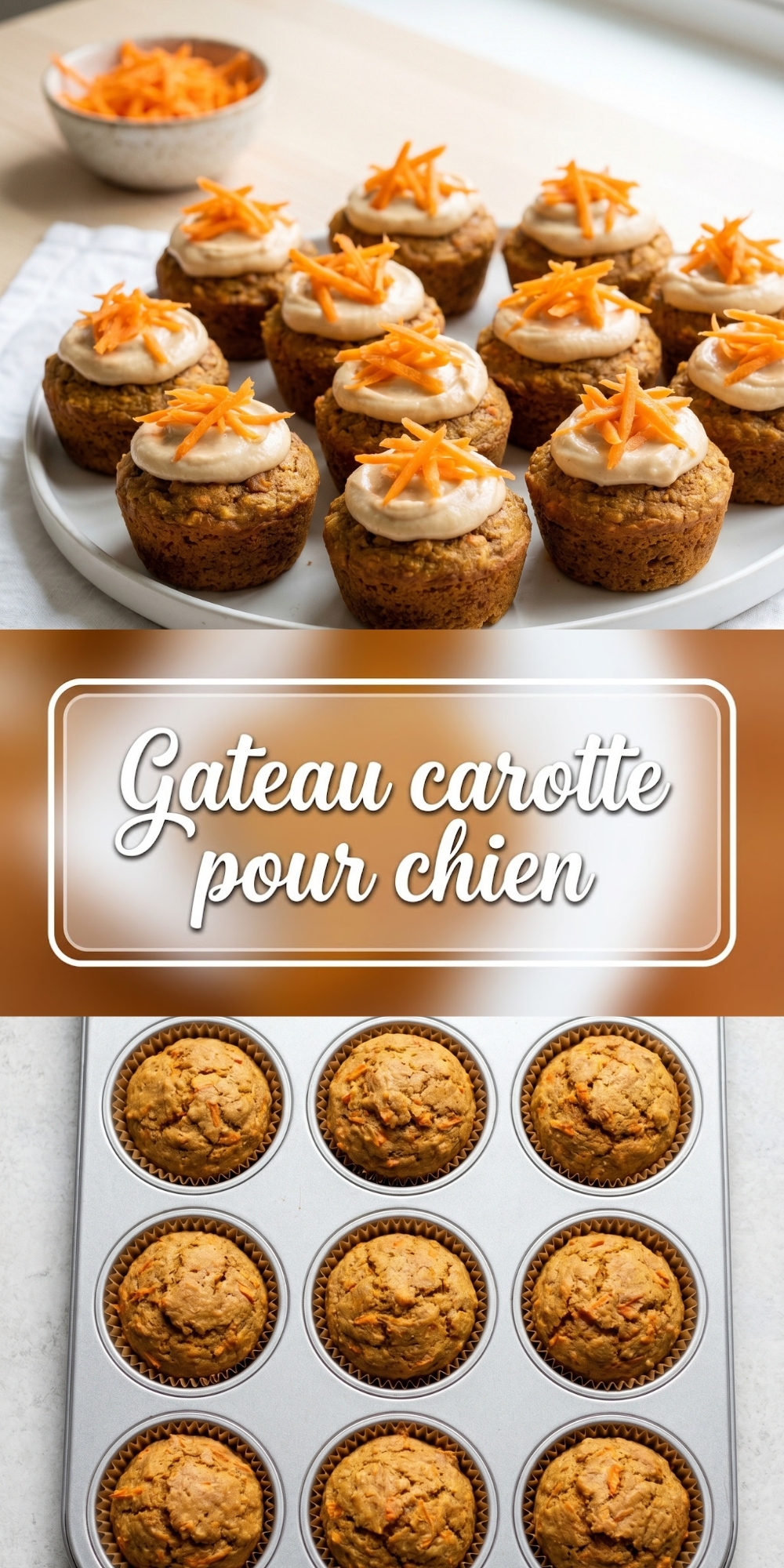 Cupcakes gateau carotte pour chien avec glaçage et carottes râpées dans un moule à muffins.