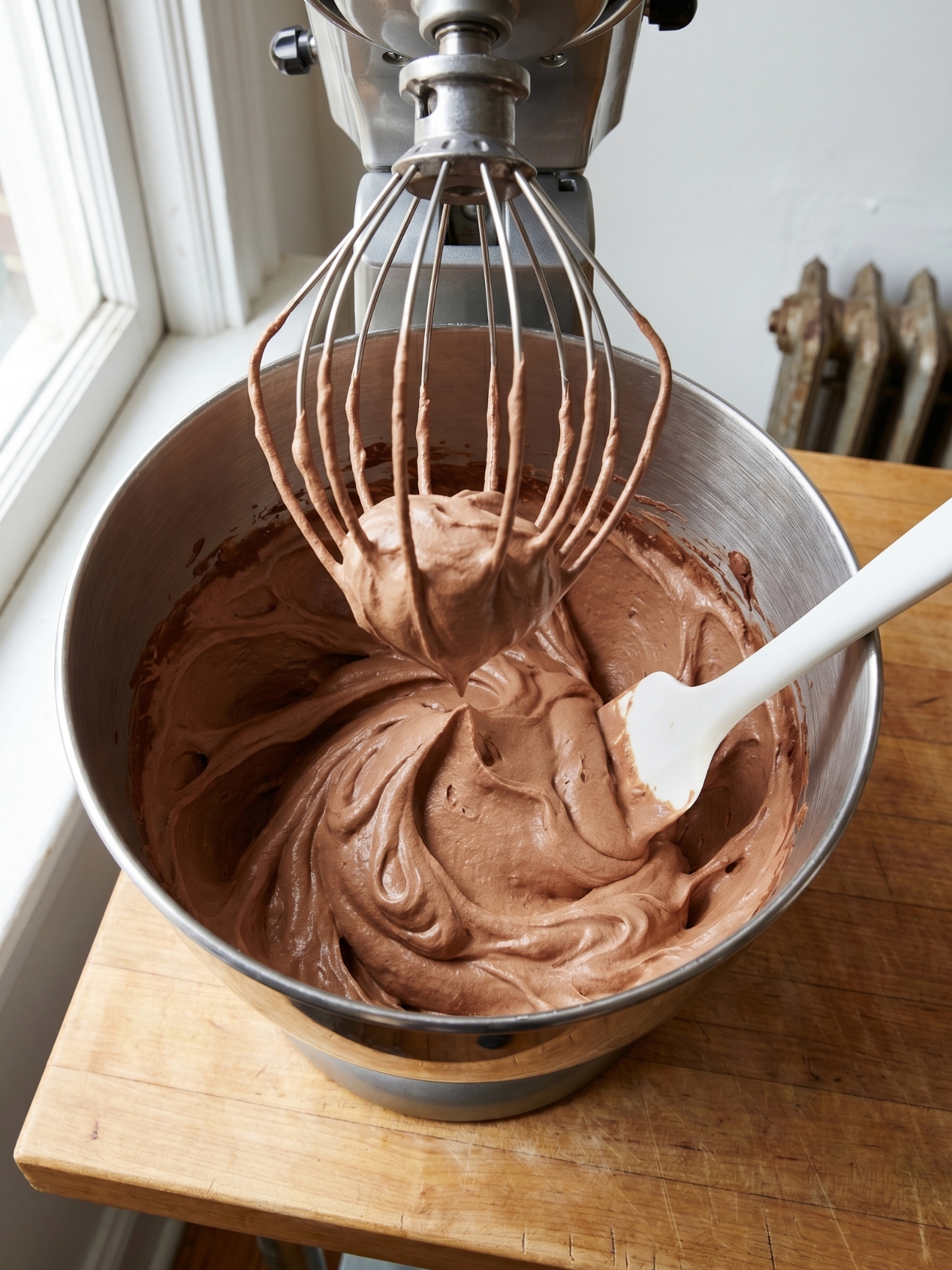 Un batteur mélangeur rempli de mousse chocolat mascarpone onctueuse avec une maryse blanche.