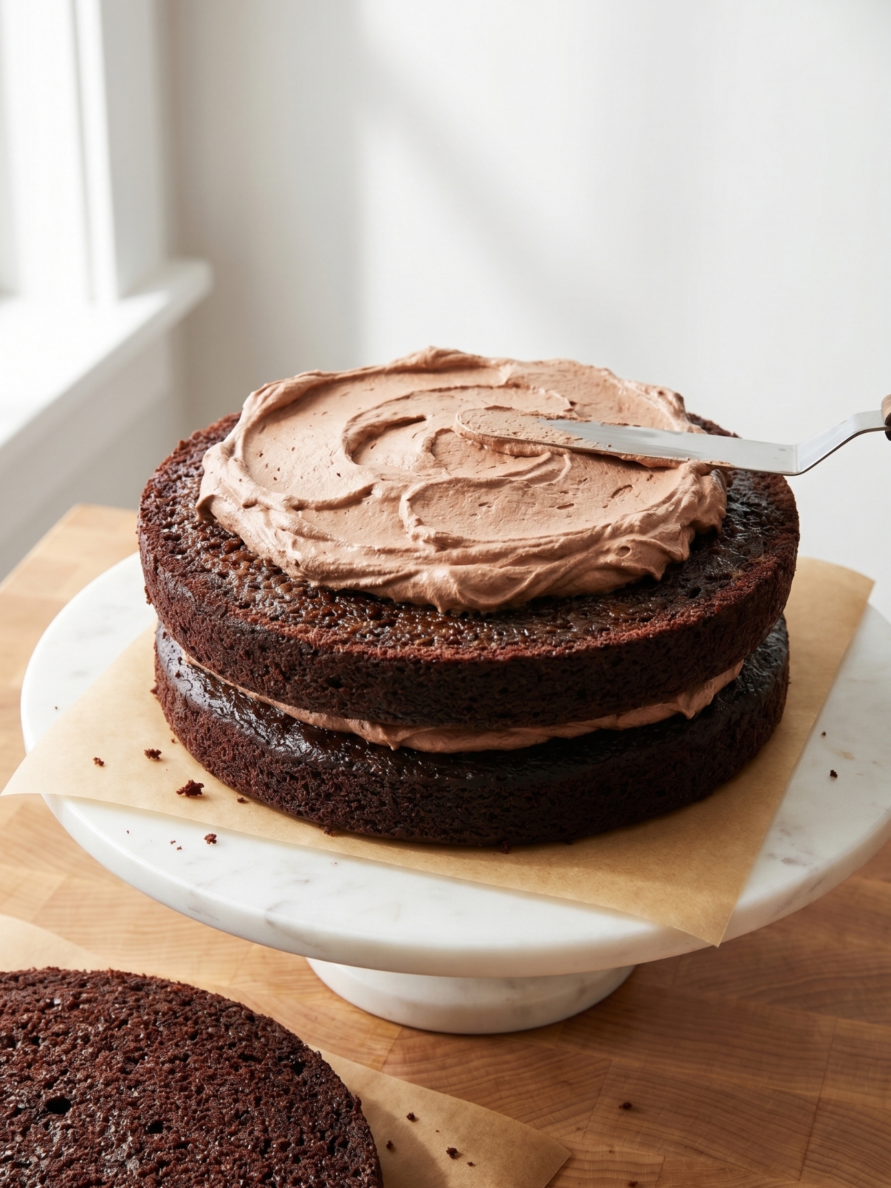 Une main utilise une spatule pour étaler de la crème sur un gâteau chocolat mascarpone.