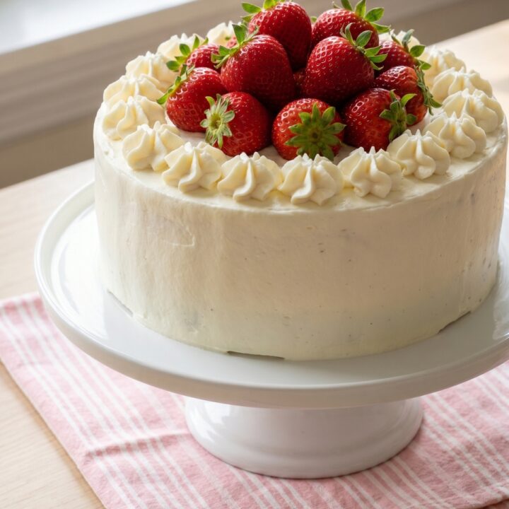 Un Gateau fraisier mascarpone entier décoré de fraises fraîches sur un support à gâteau blanc.