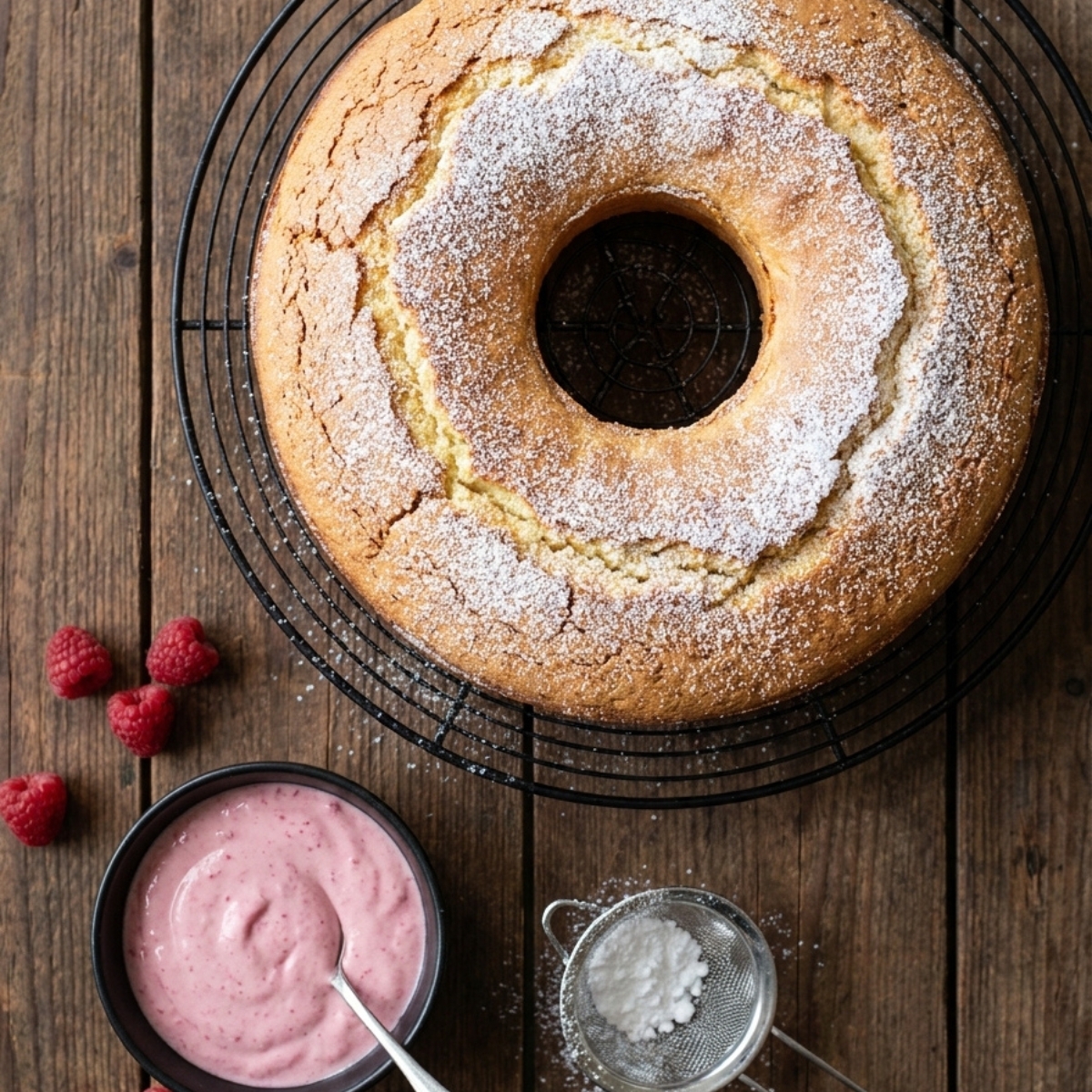 Vue du dessus d'un gateau italien au mascarpone saupoudré de sucre glace sur une grille