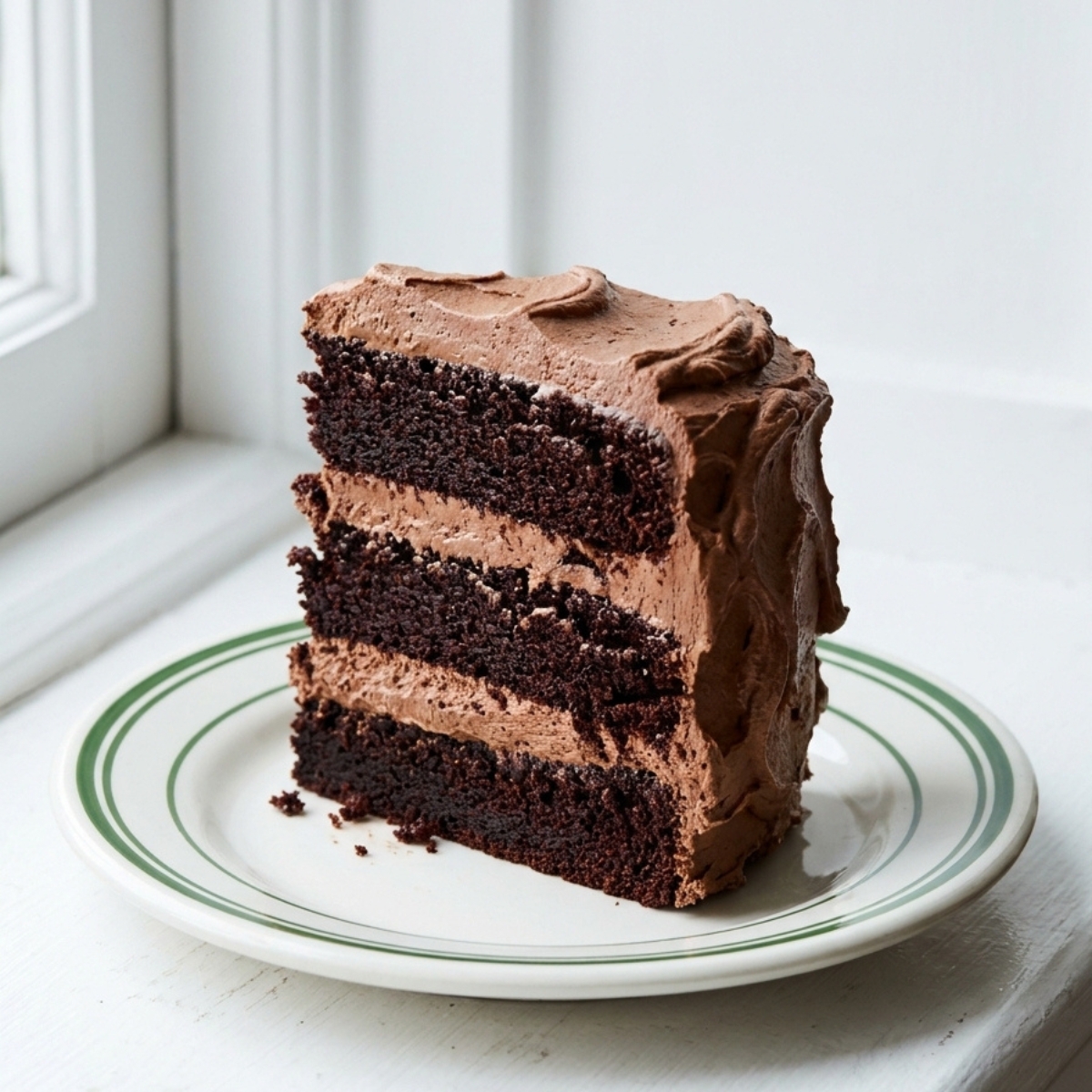 Une part de gâteau crémeux mascarpone et chocolat à trois étages, posée sur une assiette blanche et verte.