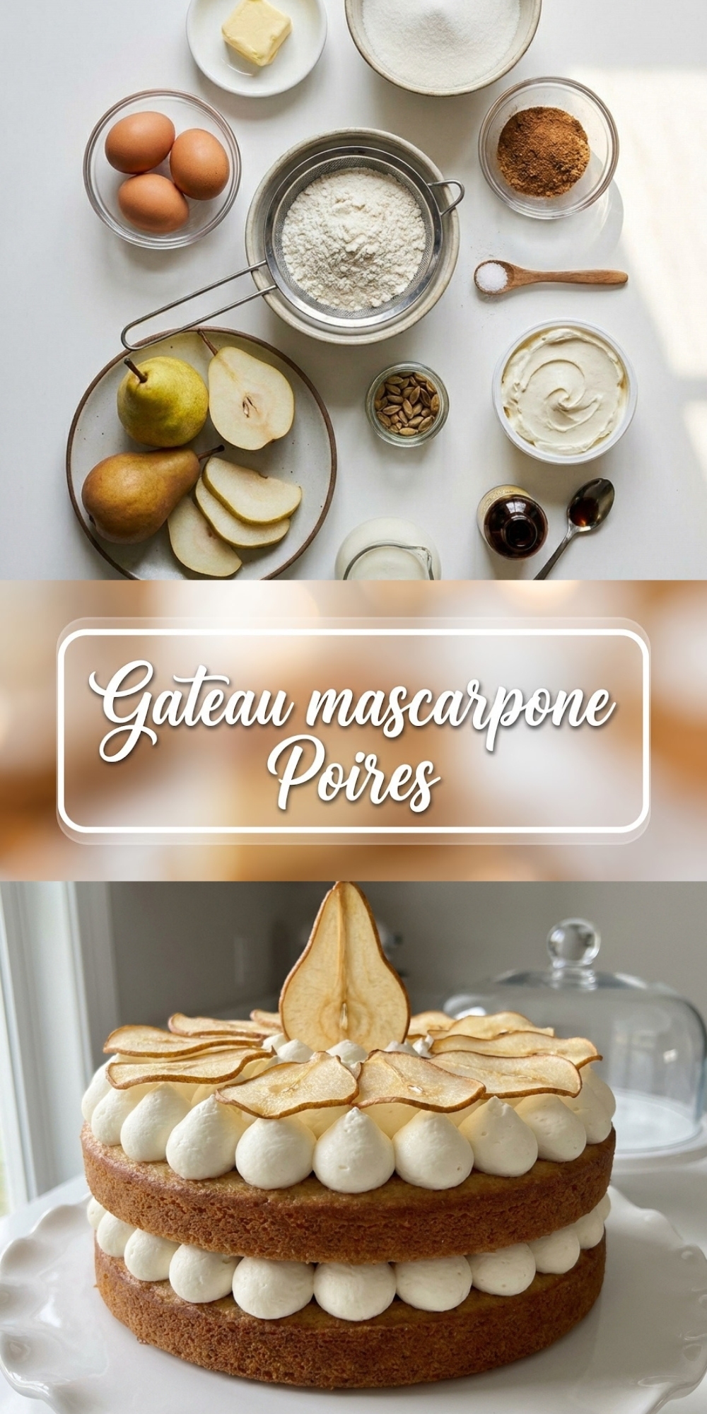 Infographie en trois parties montrant les ingrédients et le gâteau mascarpone poires finalisé