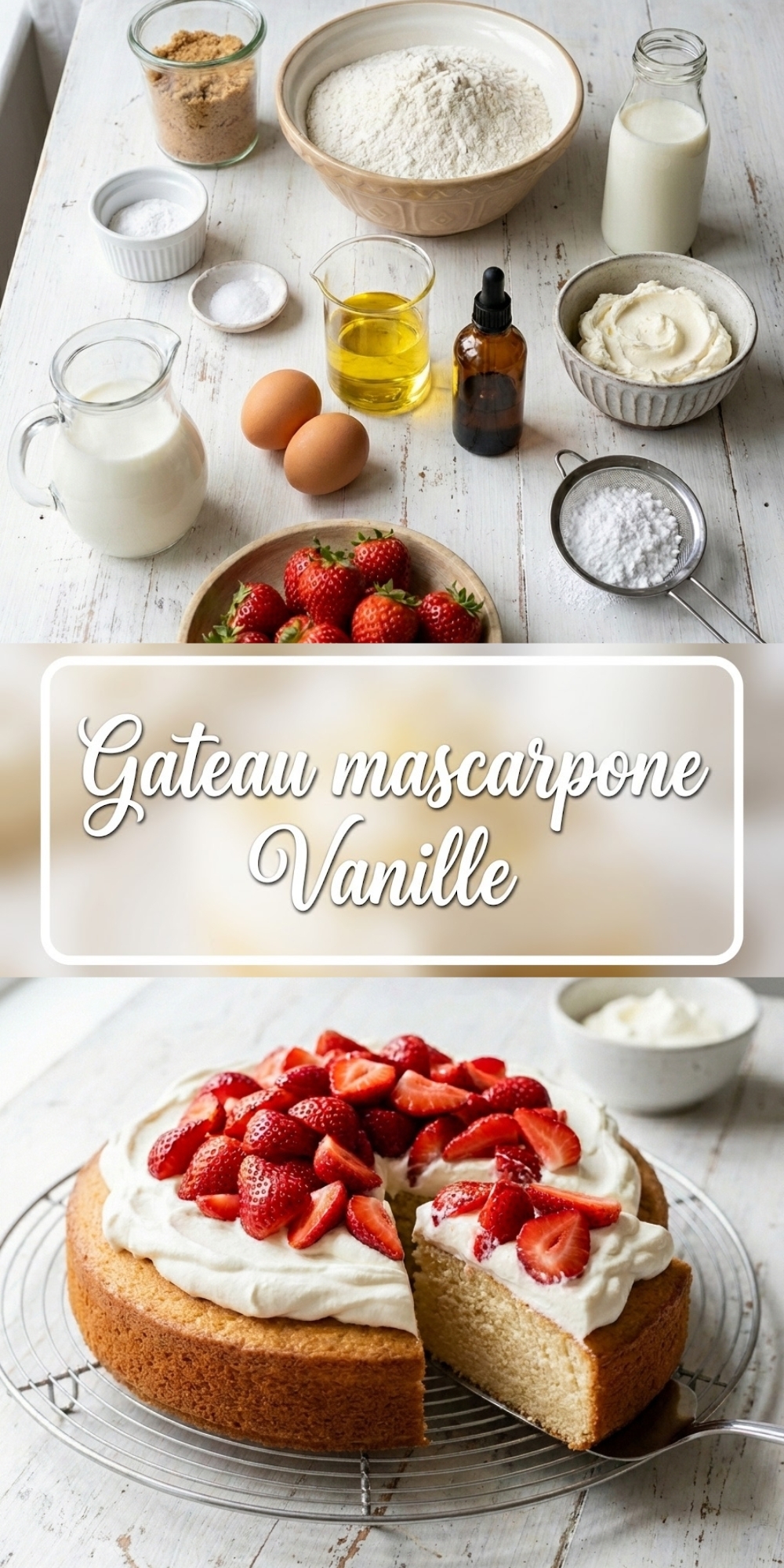 A text graphic overlay showing the process of making a classic gâteau mascarpone vanille.
