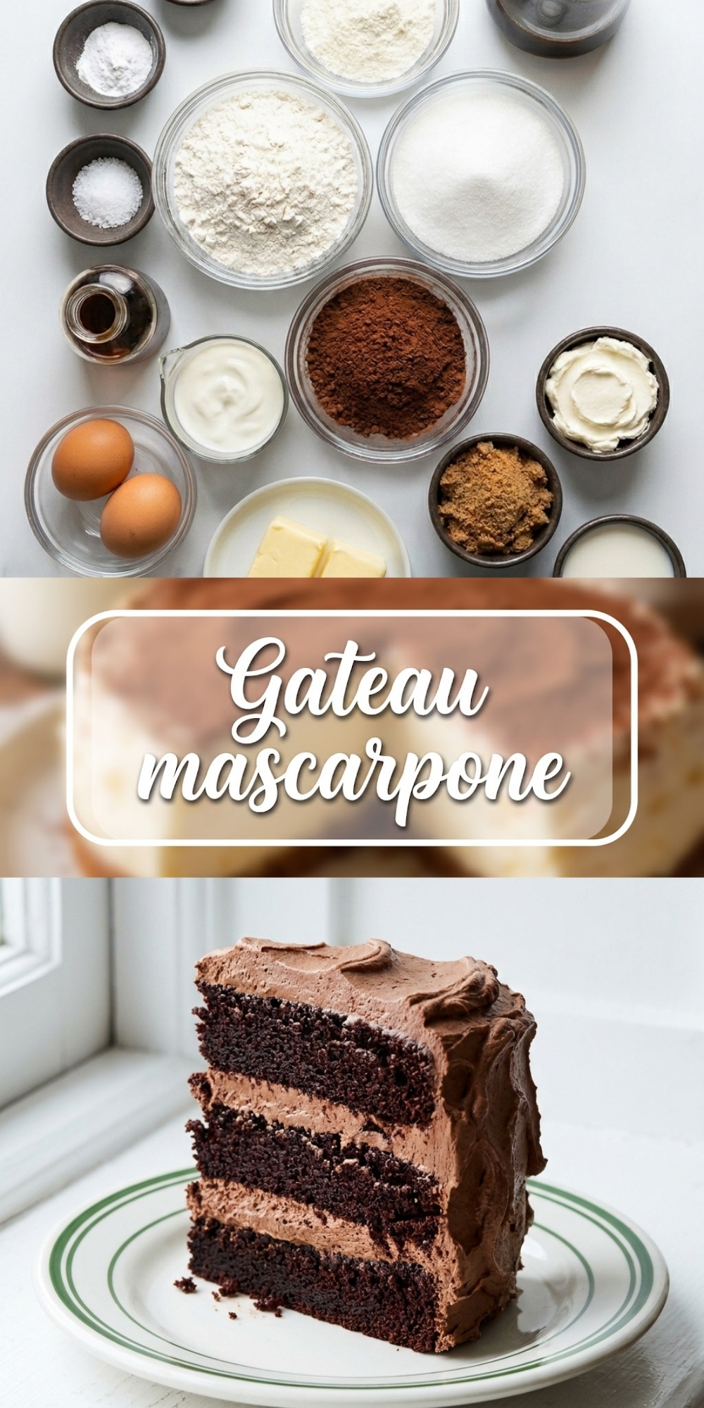 Infographie verticale montrant les ingrédients bruts, le titre central et une part de gâteau mascarpone au chocolat.
