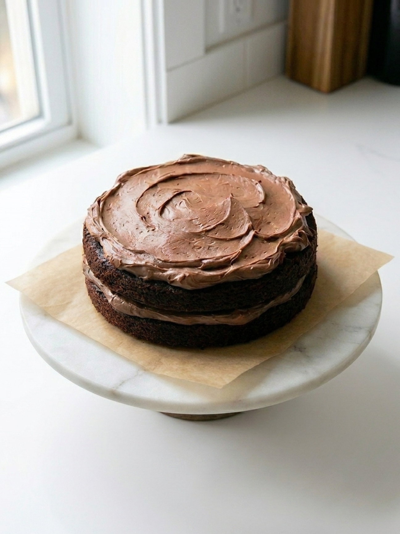 Gâteau mascarpone facile au chocolat à deux étages sur un présentoir en marbre blanc.