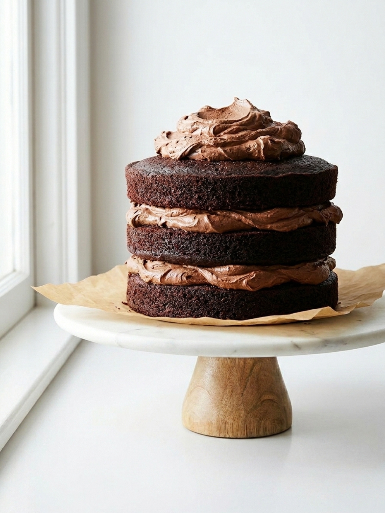 Gâteau crémeux mascarpone au chocolat à trois couches superposées sur un plat en bois et marbre.