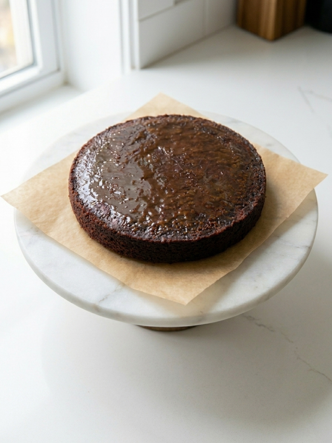 Une génoise de gâteau mascarpone facile au chocolat, brillante et imbibée de sirop, sur papier cuisson.