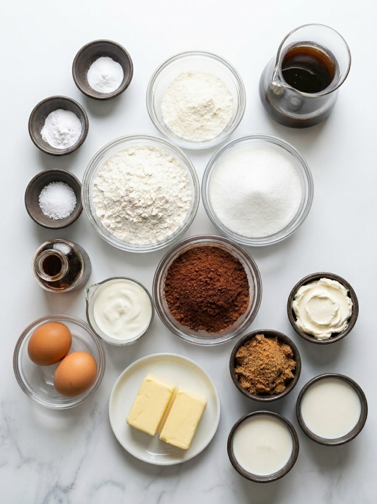 Ingrédients pour gâteau mascarpone facile incluant œufs, beurre, farine, sucre et cacao disposés à plat.