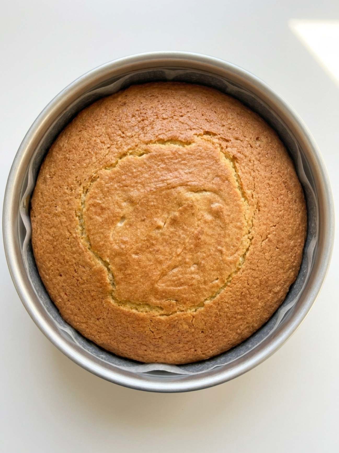 Gâteau nuage mascarpone cuit et doré sorti du four dans son moule rond argenté.