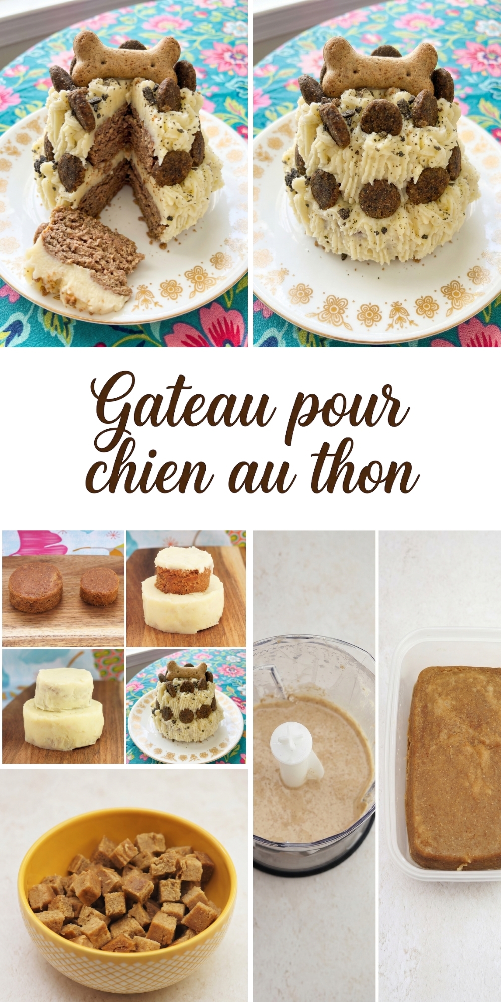 Collage montrant les étapes d'un gateau pour chien au thon avec biscuits et glaçage blanc.