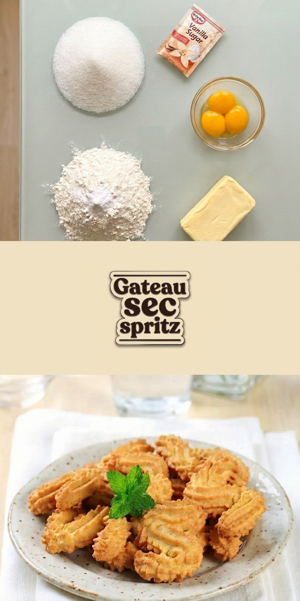 Un visuel pinterest organisé montrant les étapes, le titre gateau sec spritz et les biscuits.