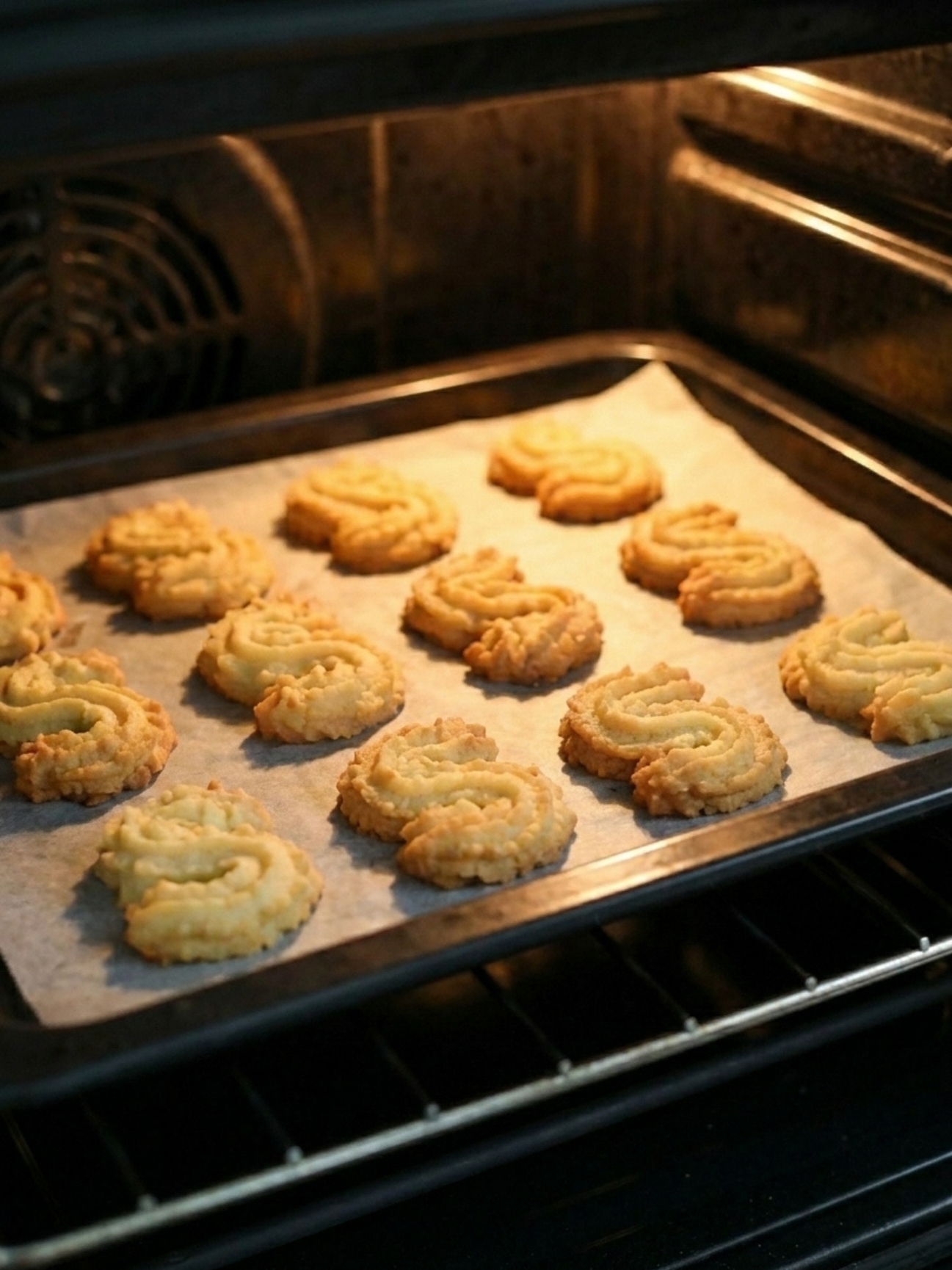 Des biscuits gateau sec spritz en forme de S qui cuisent sur une plaque dans un four moderne chaud.