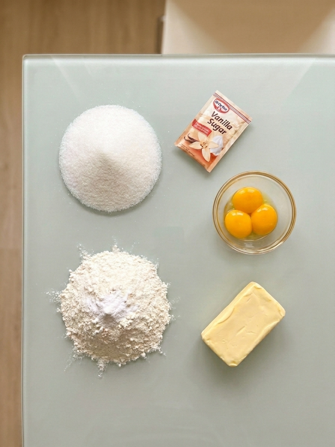 Vue de dessus des ingrédients pour gateau sec spritz avec farine, sucre, œufs et beurre frais.