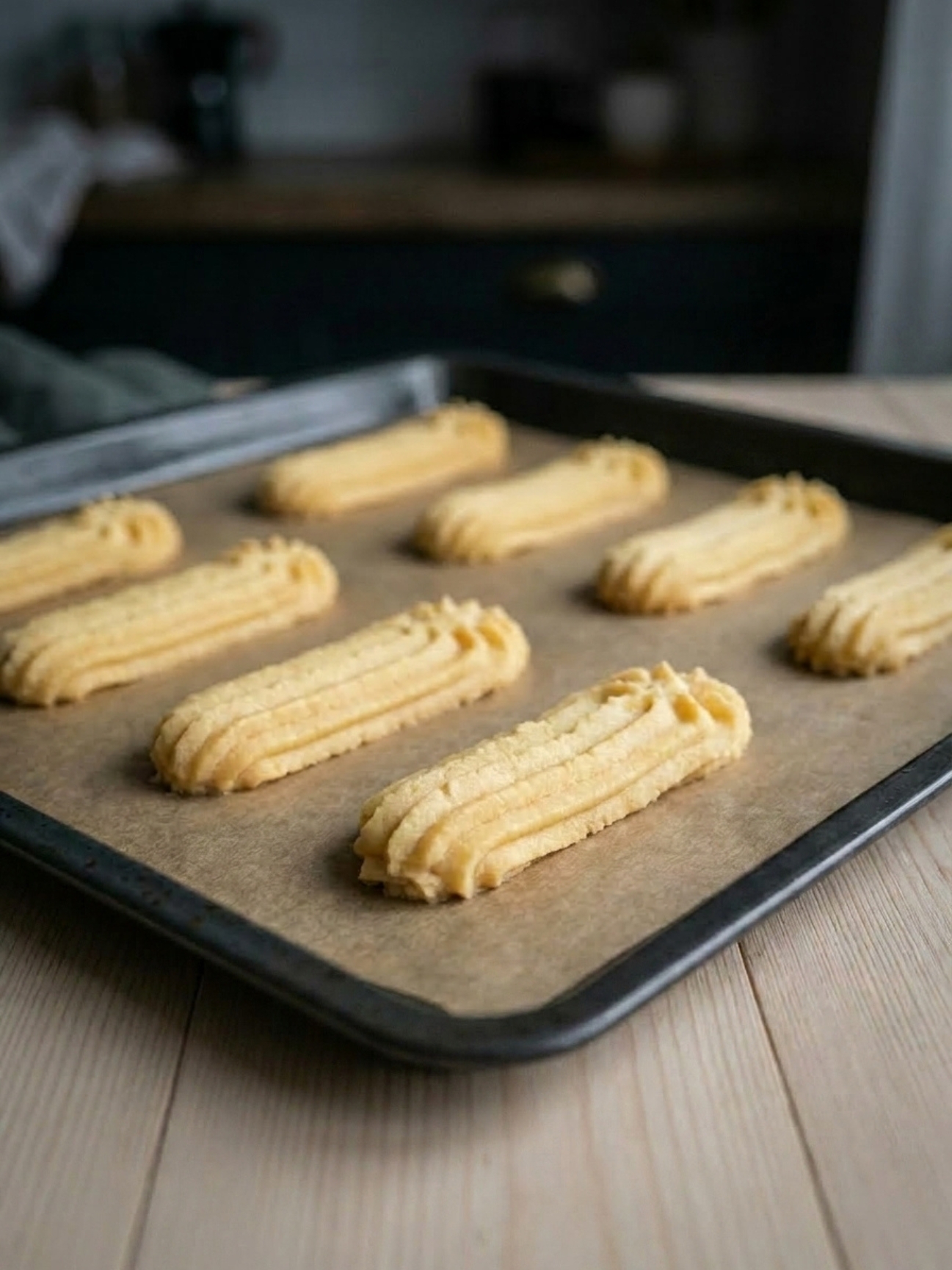 Pâte pochée de gâteau spritz de noel alignée sur une plaque de cuisson avant d'enfourner