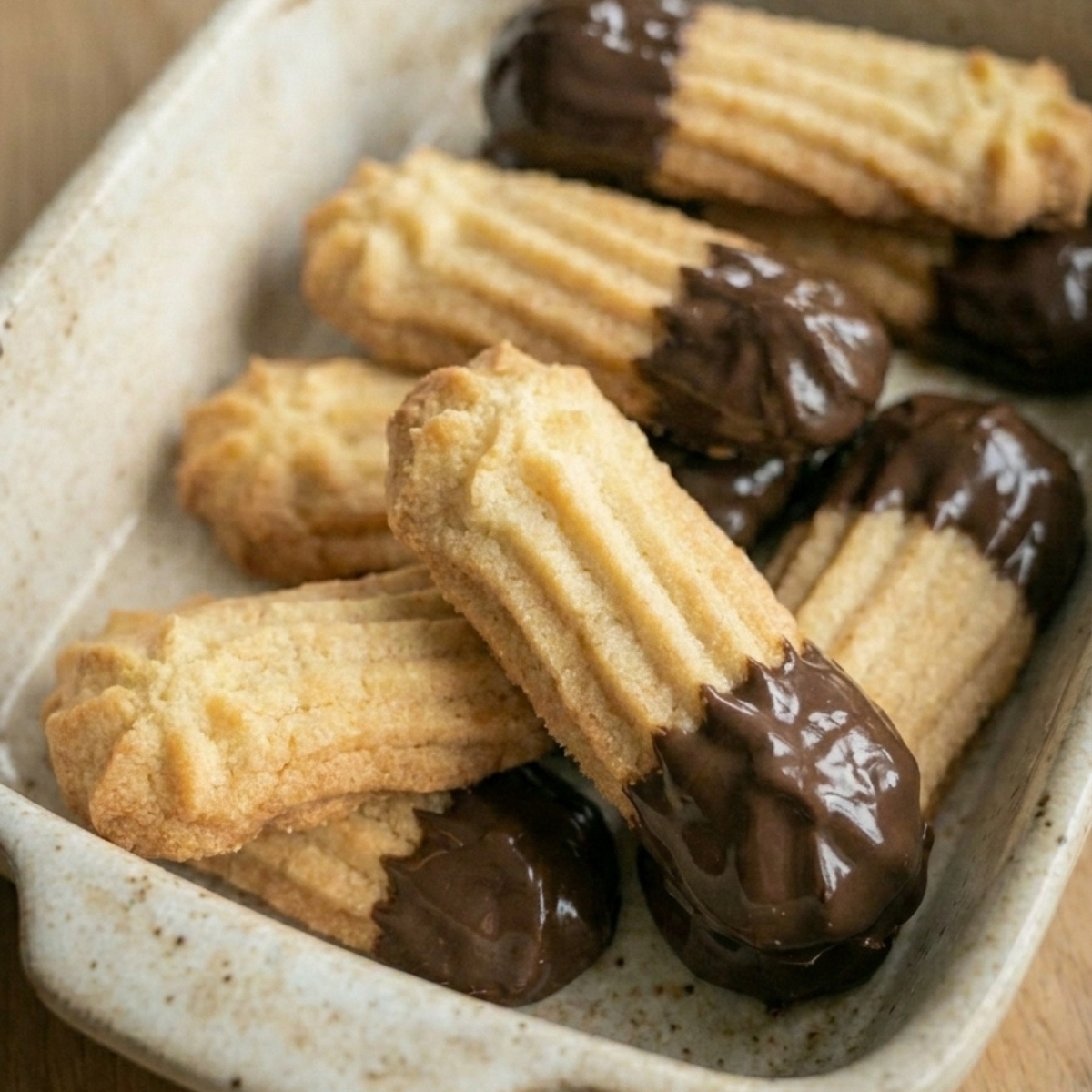 Biscuits gâteau spritz de noel terminés avec nappage chocolat dans un plat en céramique
