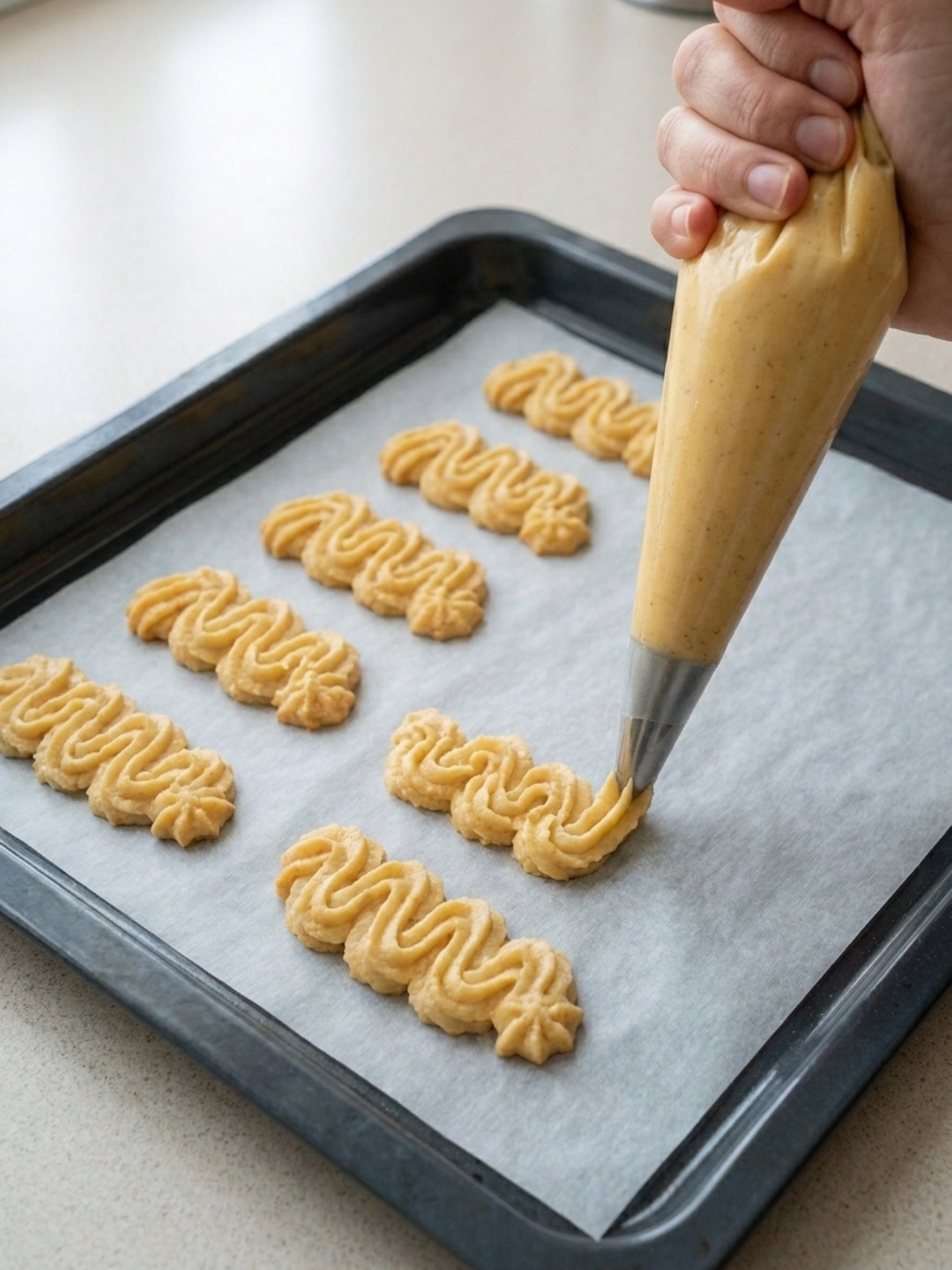 Pochage à la poche à douille de la pâte texturée pour gâteau spritz thermomix sur une plaque.