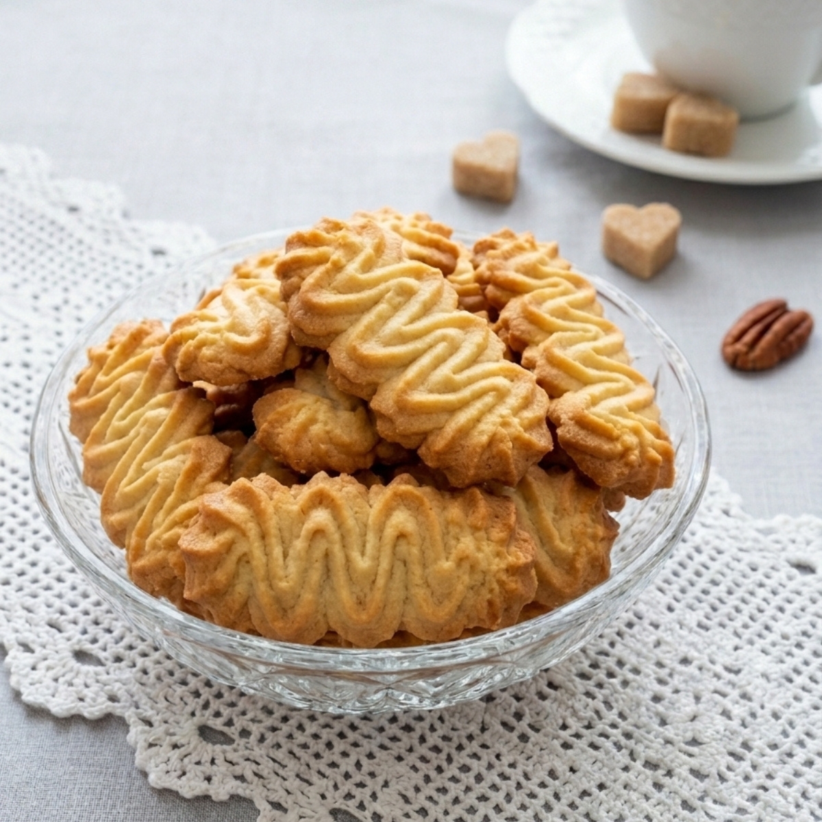 Bol en verre rempli de biscuits gâteau spritz thermomix dorés posé sur une nappe blanche en dentelle.