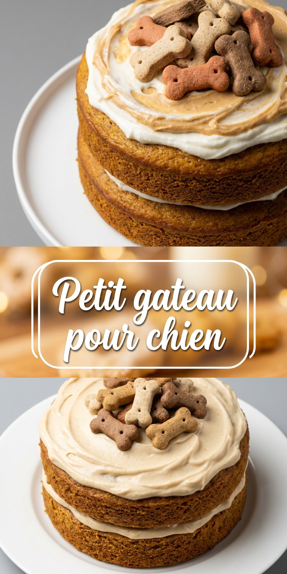 Un montage photo montrant un petit gateau pour chien à deux étages avec des biscuits os.