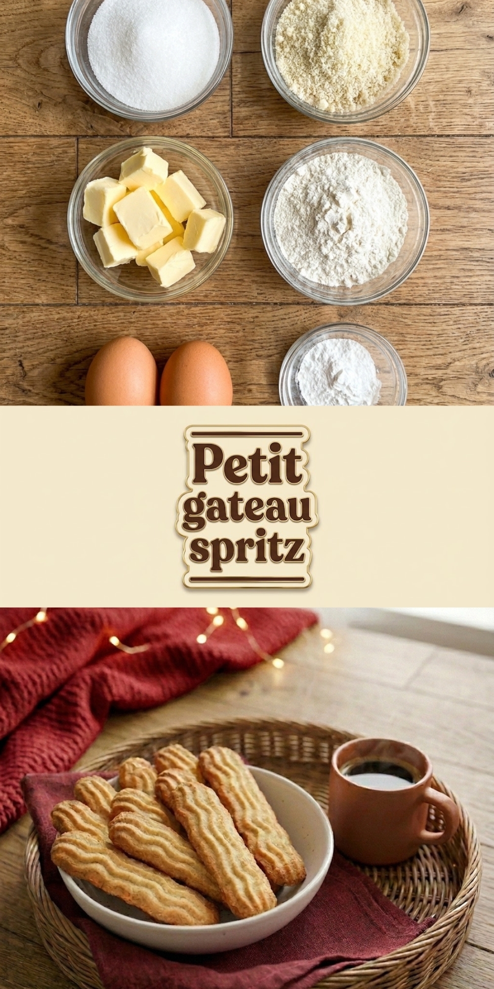 Ingrédients pour petit gateau spritz avec texte de présentation sur fond beige et plateau.