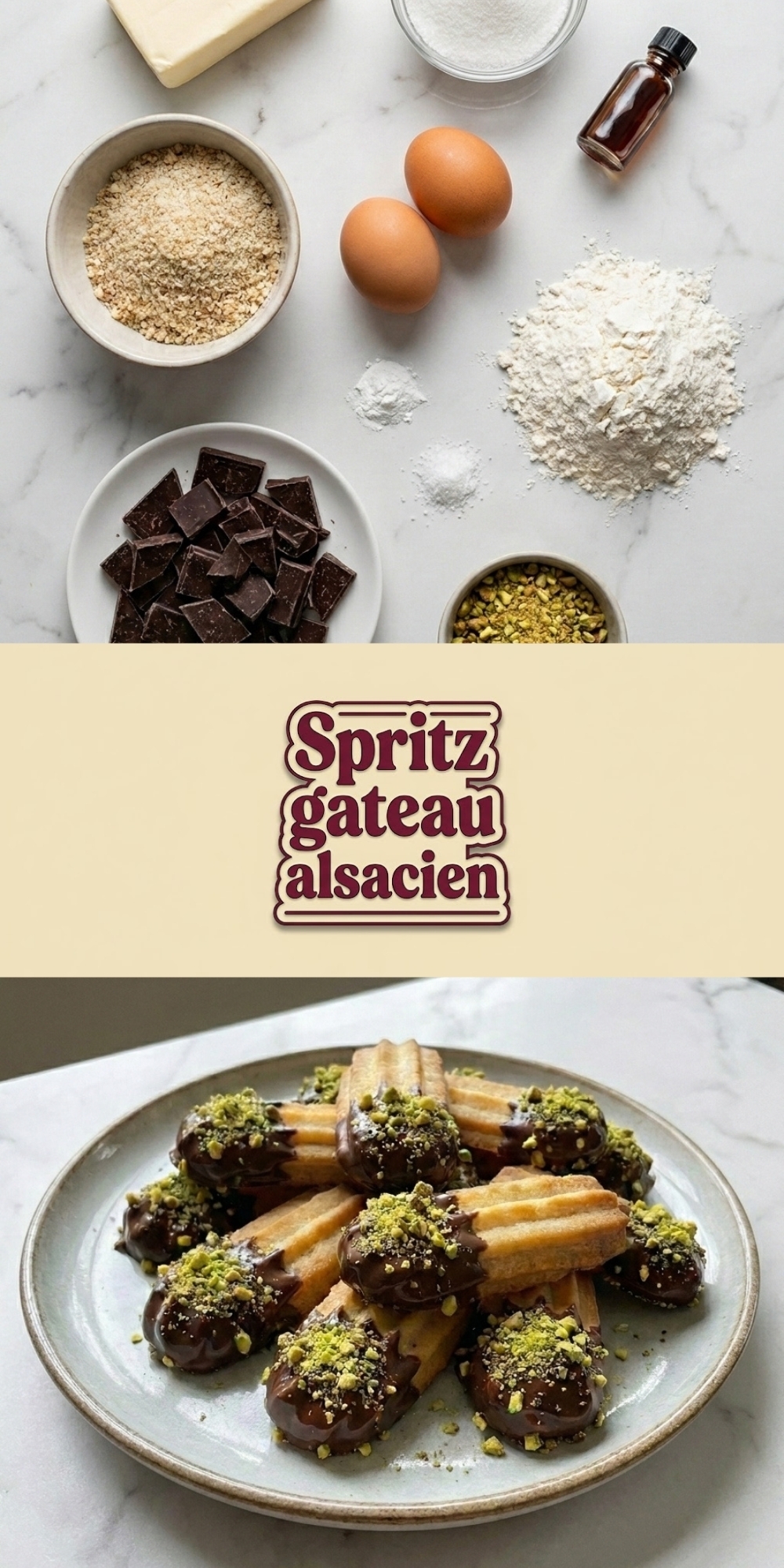Ingrédients et texte overlay pour la recette du spritz gateau alsacien maison.