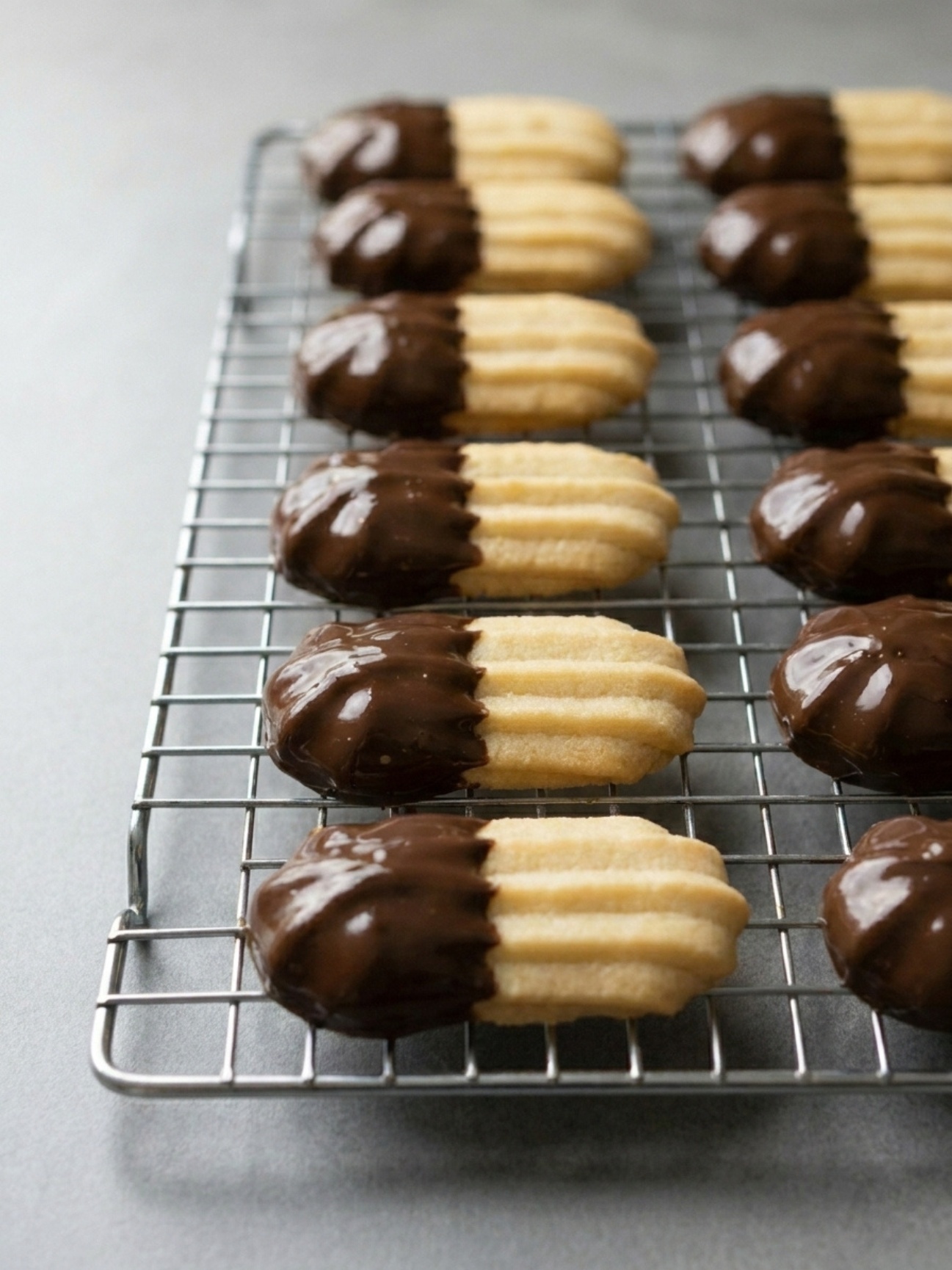 Biscuits spritz gateau alsacien alignés sur grille et trempés dans le chocolat noir.