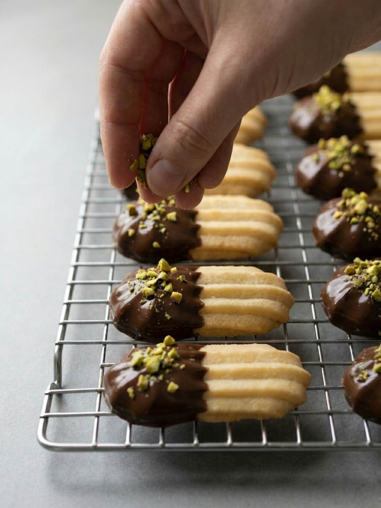 Ajout de pistaches concassées sur le chocolat du biscuit spritz gateau alsacien maison.
