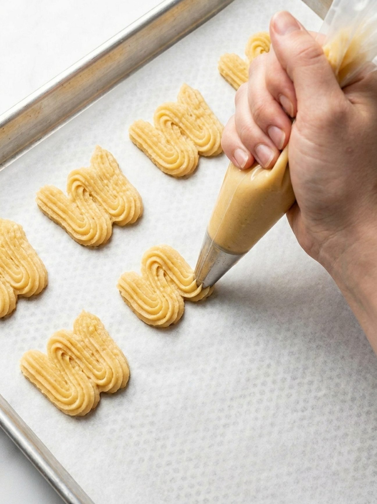 Une main pochando des spritz gateau en forme de W sur une plaque avec du papier cuisson.