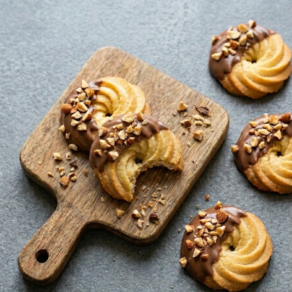 Gros plan d'un biscuit spritz gâteau rond croqué posé sur une planche avec des miettes.