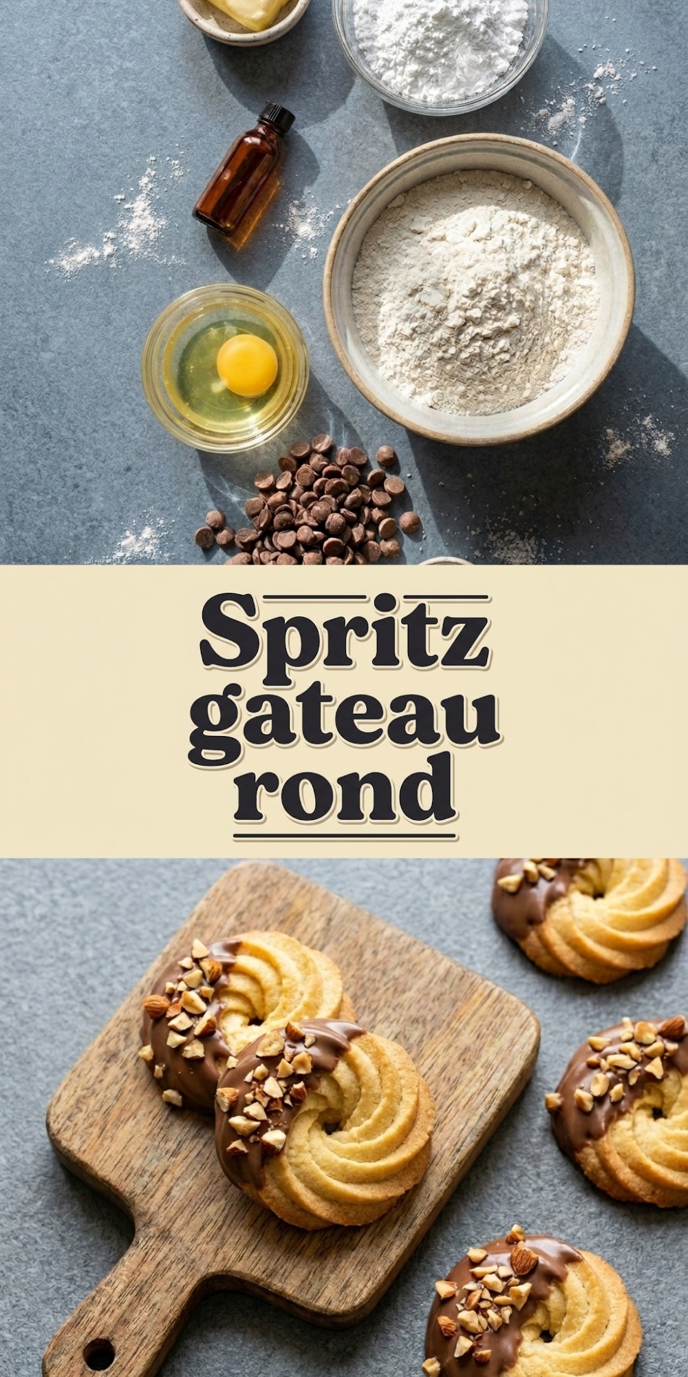 Graphique Pinterest montrant des ingrédients et des biscuits spritz gâteau rond au chocolat.