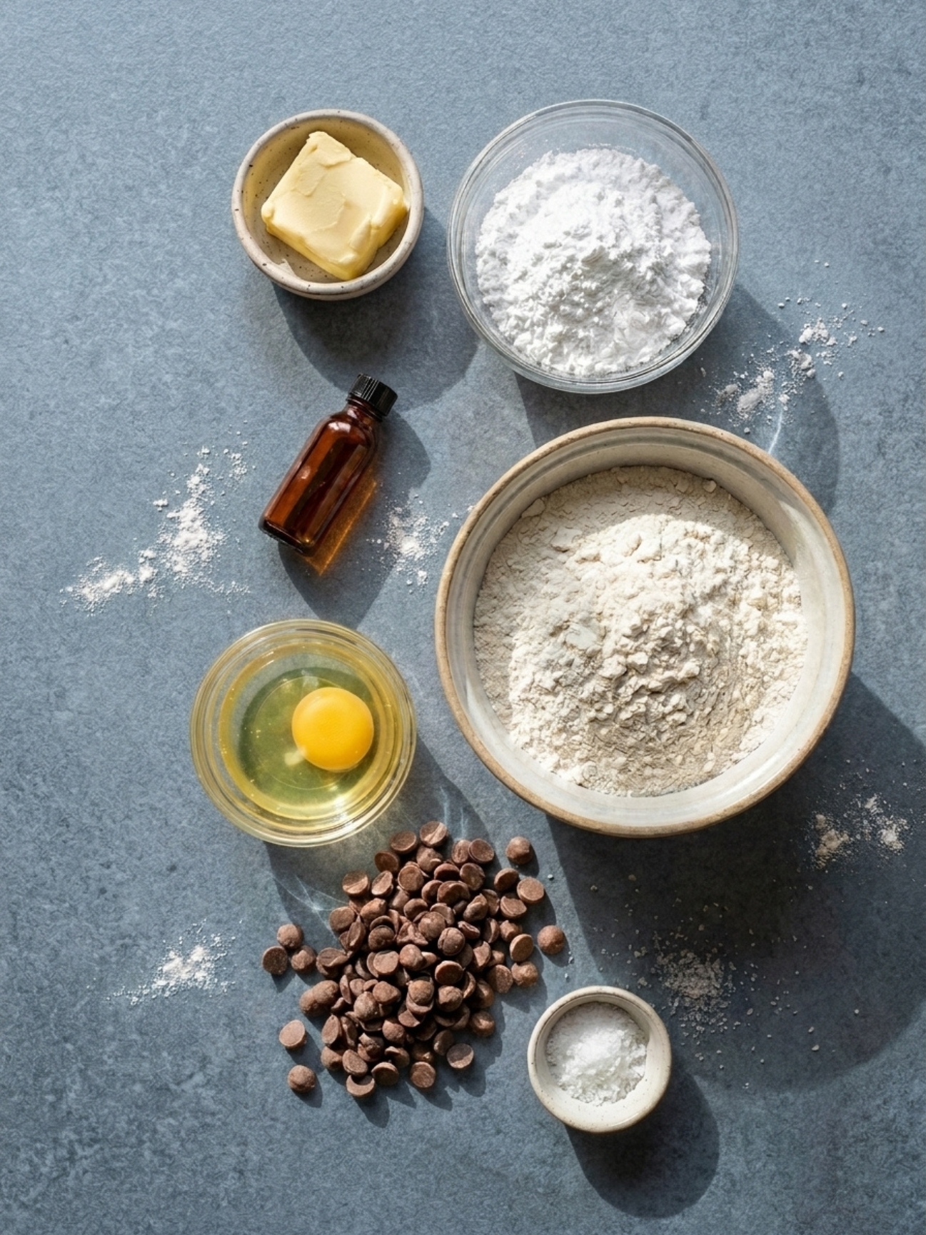 Vue du dessus des ingrédients pour spritz gâteau rond avec farine, œuf, beurre et chocolat.