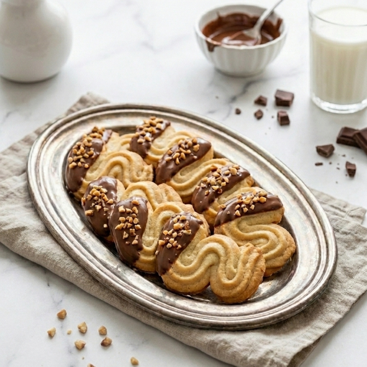 Un plateau de biscuits spritz gateau finis à côté d'un verre de lait sur une table blanche.