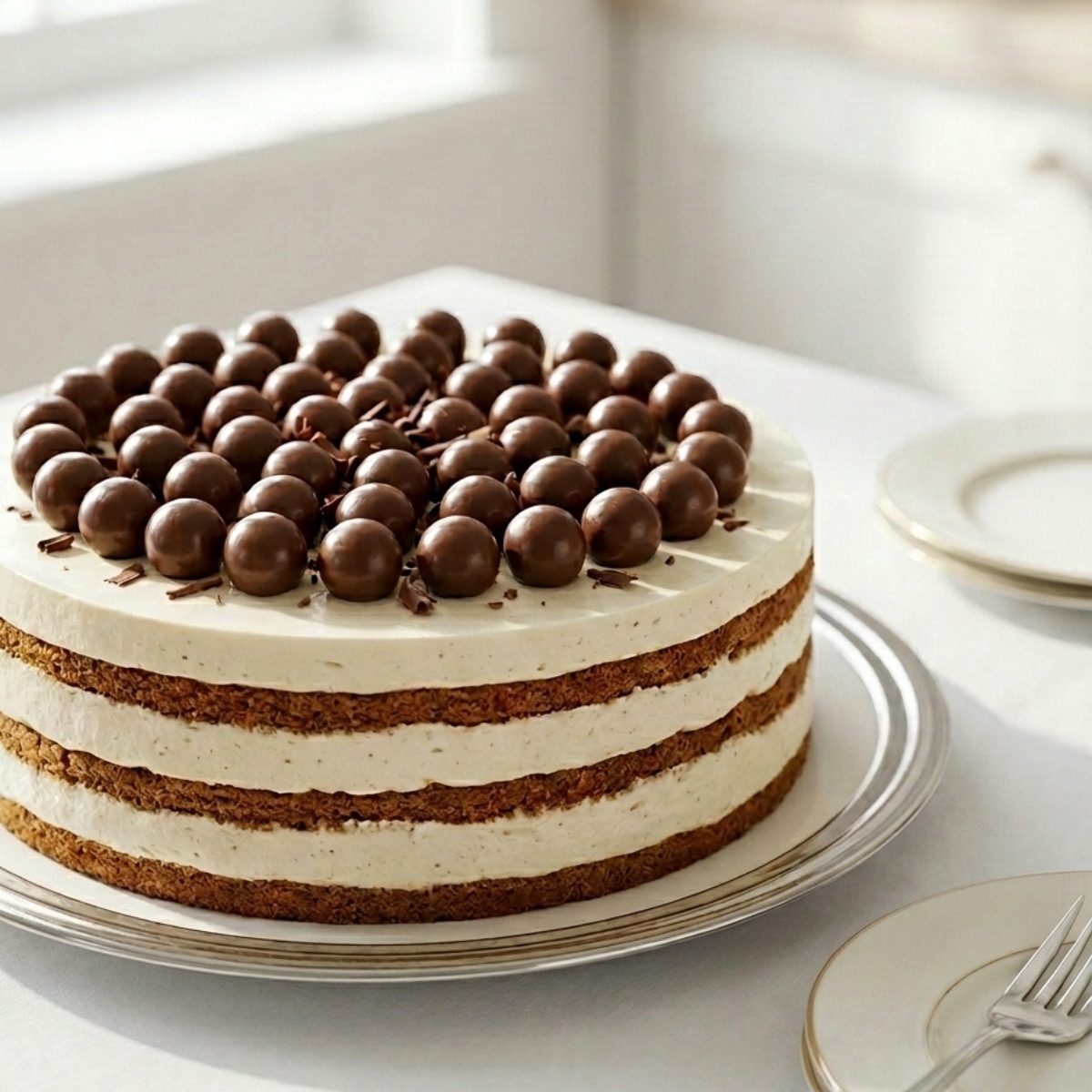 Gâteau entier multicouche gateau mascarpone et speculoos décoré de billes chocolatées.