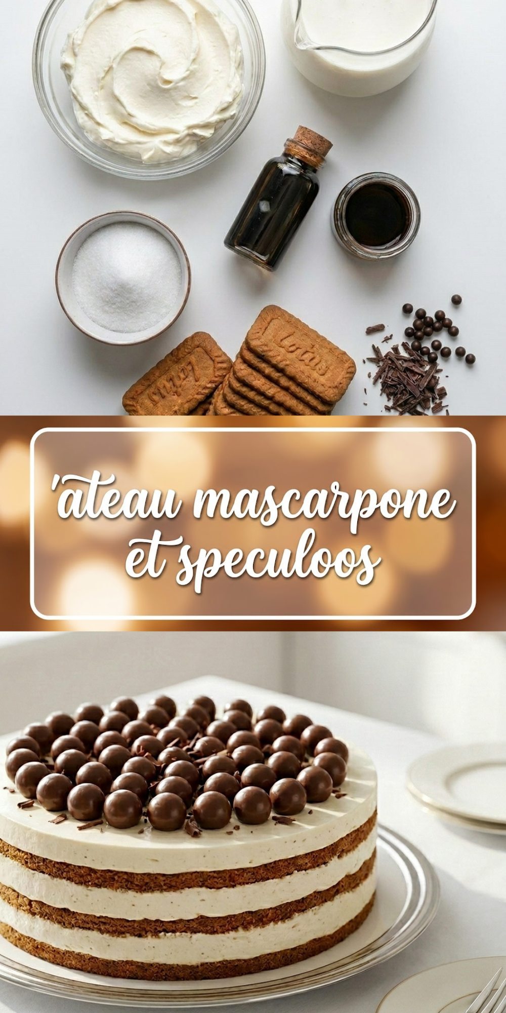 Montage graphique avec texte indiquant gateau mascarpone et speculoos et photo du gâteau fini.