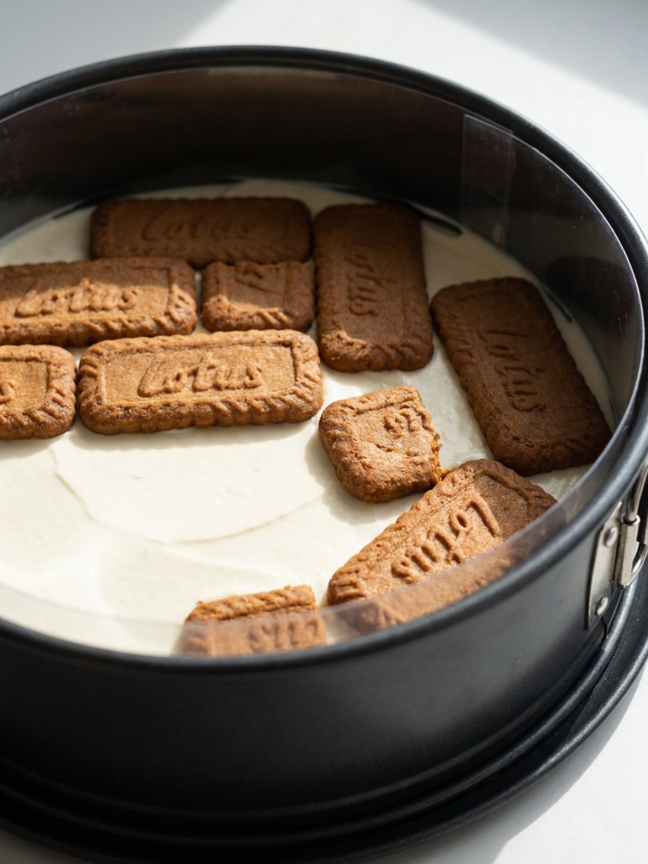 Biscuits Lotus disposés au fond d'un moule pour la base du gateau mascarpone et speculoos.
