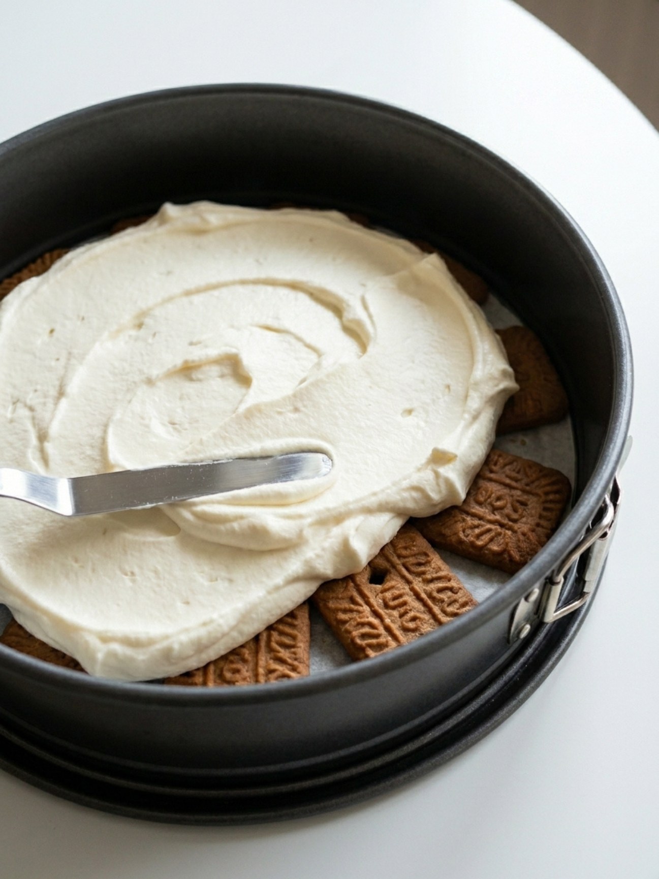 Montage vertical montrant la crème fouettée et le gateau mascarpone et speculoos fini.