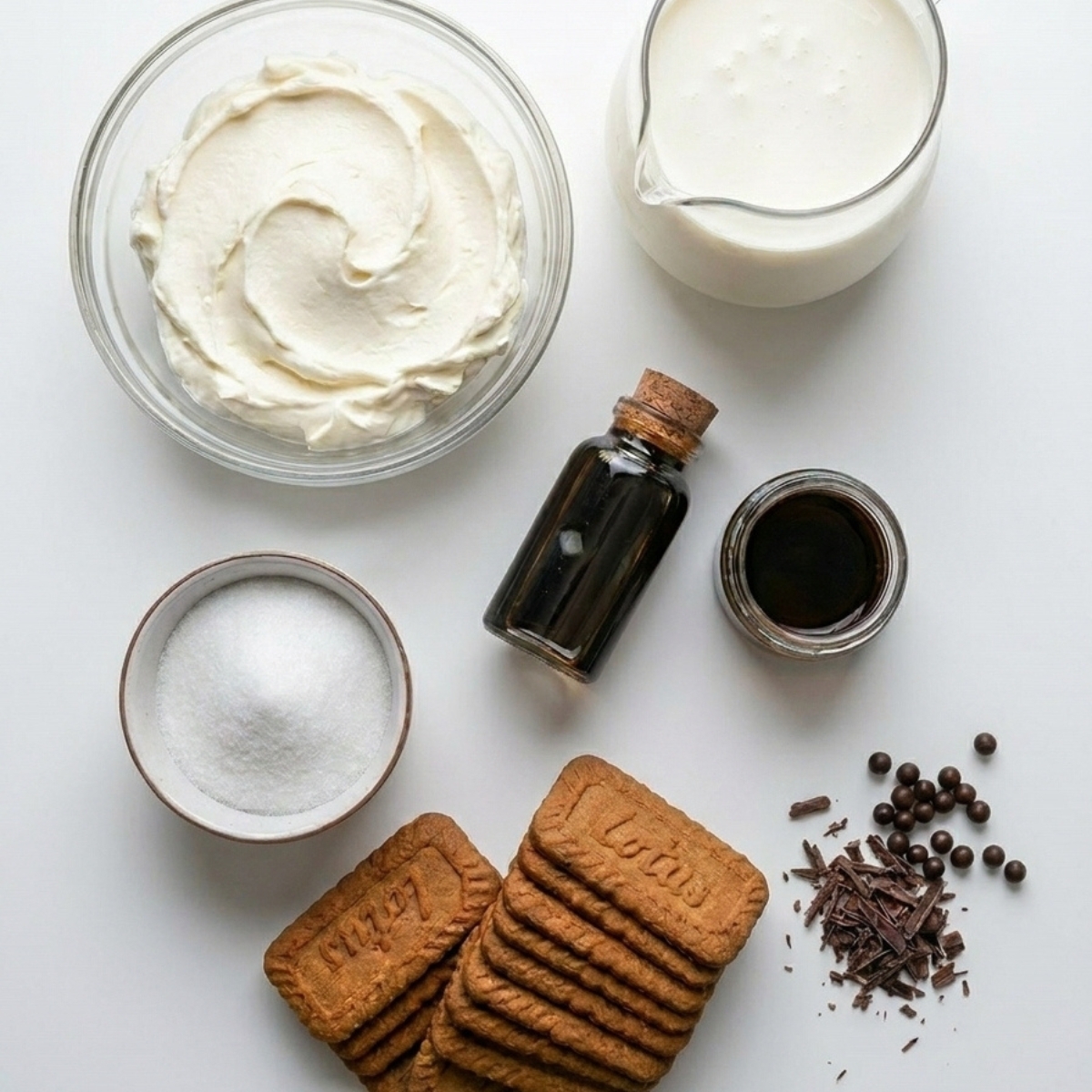 Ingrédients à plat pour gateau mascarpone et speculoos avec biscuits Lotus, crème et sucre.